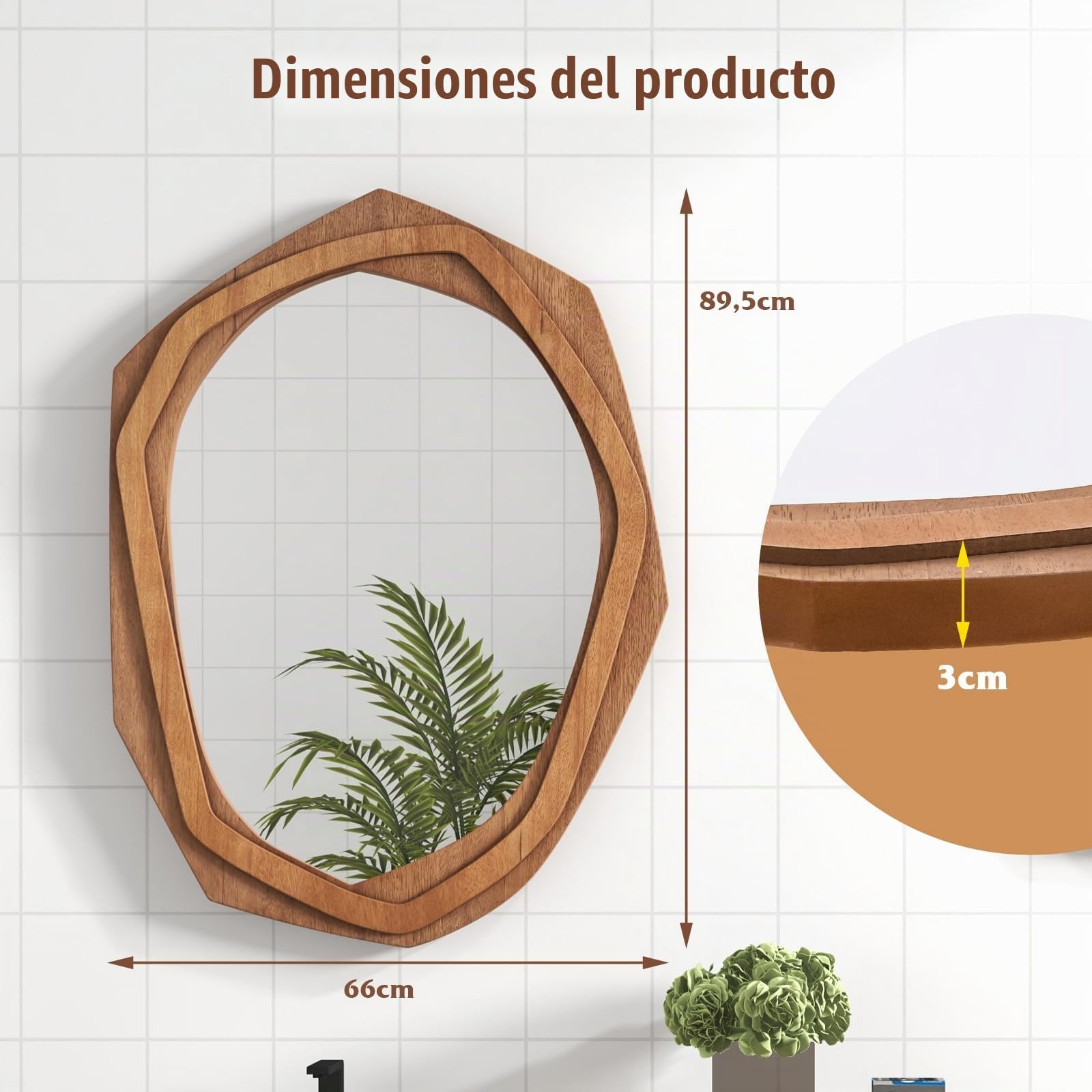 RELAX4LIFE Espejo de pared irregular, asimétrico para colgar, cosmético único, colgante con HD, marco resistente, para salón, baño o pasillo (natural, 89,5 x 66 x 3 cm)