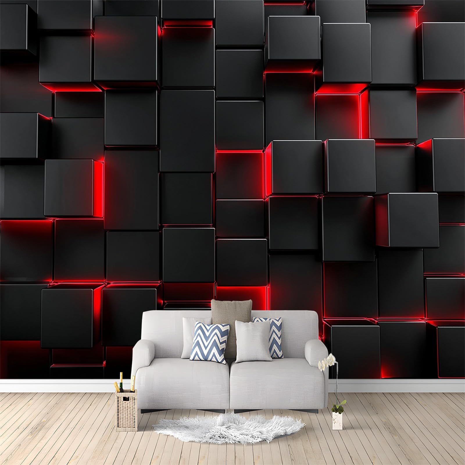 Photo Wallpaper Black and Red Square Geometry 350x256 cm Non-Woven Wall Mural, 3D Wallpaper Roll Mural, Moderne Living Room Bedroom Art Poster Mural Wallpaper