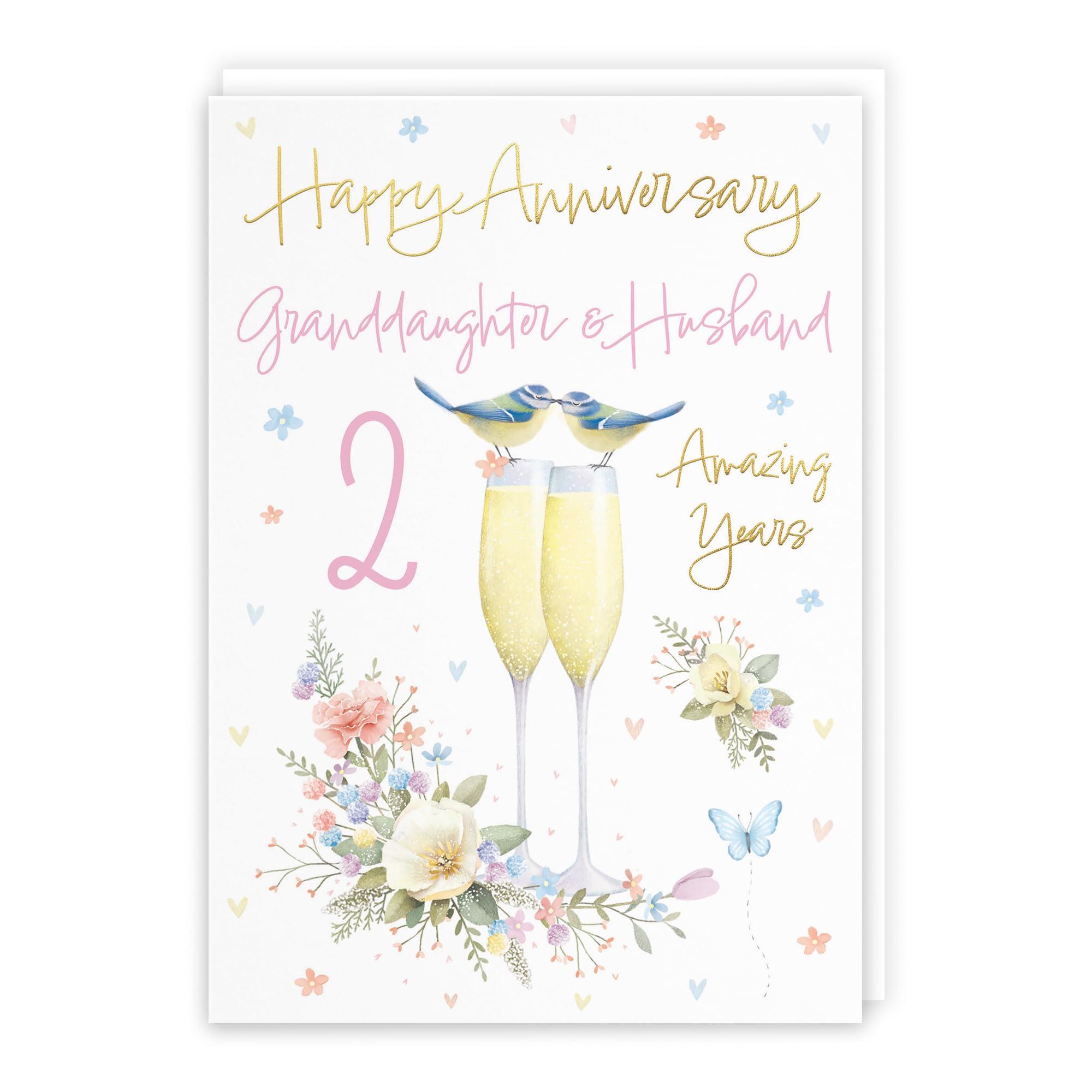 Hunts England - Granddaughter And Husband 2nd Anniversary Card - A5 Size - Champagne Flutes - Gold Foil - 2nd Anniversary Card For Granddaughter And Husband - Milo's Gallery โ image 1