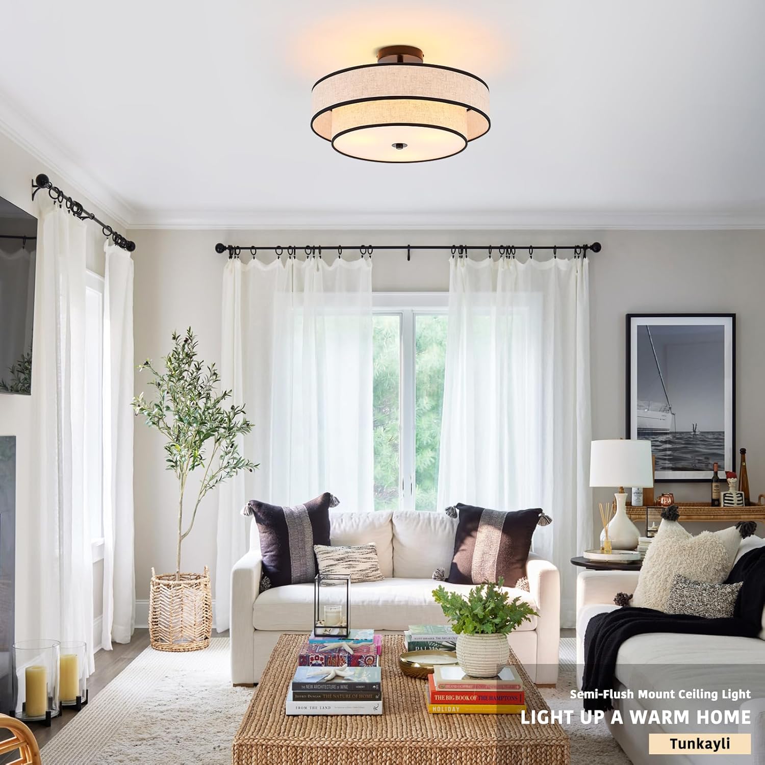 3-Light Drum Semi Flush Mount Ceiling Light, 18" Modern Black Ceiling Lighting Fixture, Vintage 2-Tier Linen Ceiling Lighting for Living Room, Bedroom, Kitchen, Dining Room, Hallway, Entryway