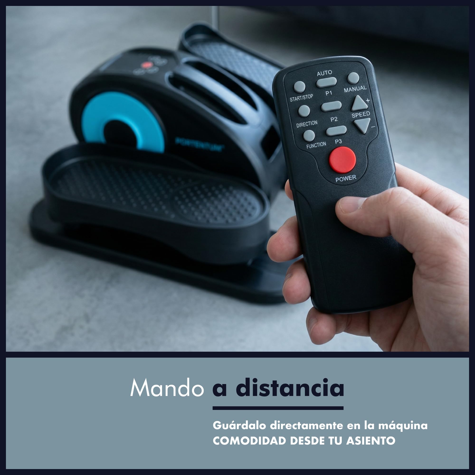 PORTENTUM Mini eliptica electrica con mando a distancia y pantalla – Pedales estaticos personas mayores automático y manual con selector velocidad – Pedaleador electrico de escritorio motor silencioso