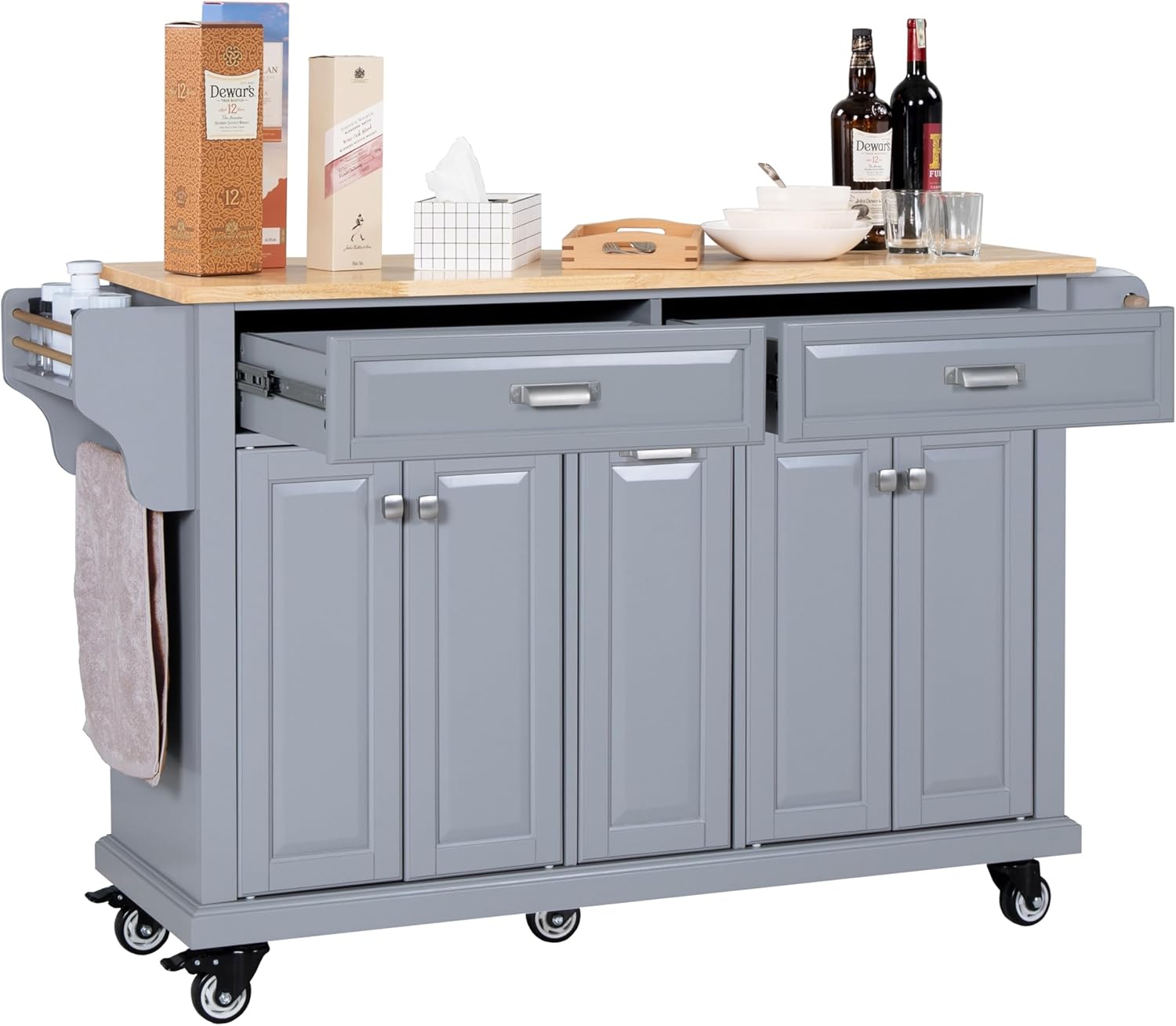 Cambridge Rolling Kitchen Island on Wheels Utility Cart with Spice and Towel Racks and Rubber Wood Countertop, Storage Drawers, Door Cabinets, Gray