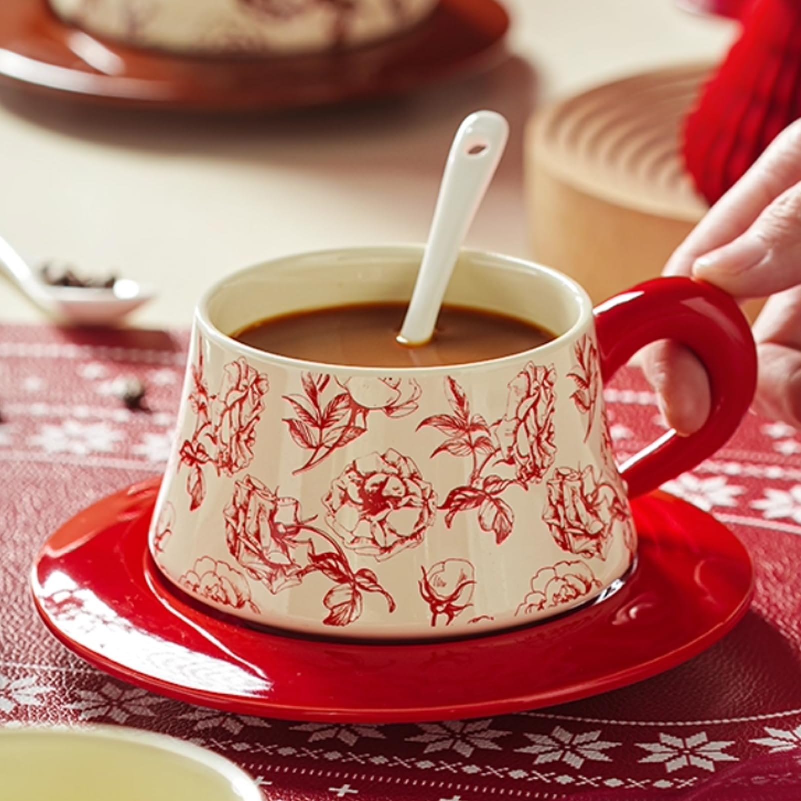 Ceramiczne kubki do kawy w stylu vintage, zestaw 6 sztuk, retro kubki z kwiatowym nadrukiem, nadają się do kuchenki mikrofalowej, idealne na poranną kawę i herbatę, prezent dla miłośników kawy