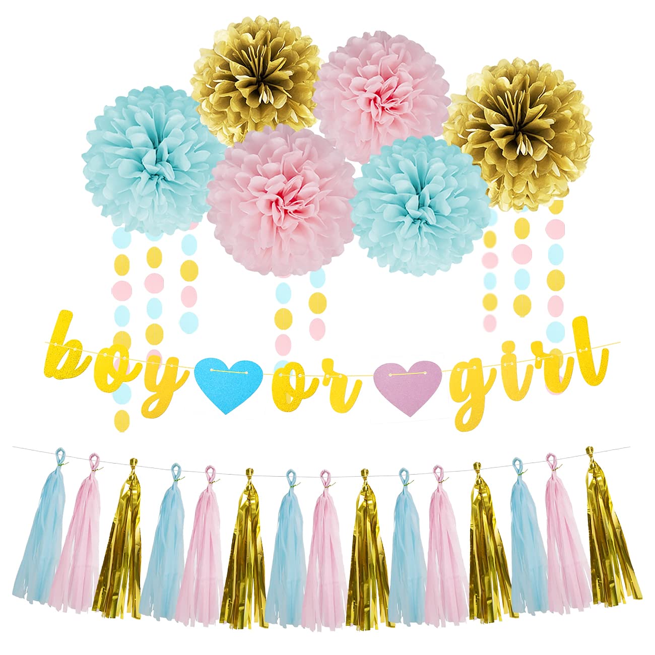 Gender Reveal Decorations Blue Pink - 23pcs Tissue Paper Flowers Pom Poms Boy Or Girl Banner Tassel Garland Streamers Baby Party Supplies Gender Reveal Theme Gold Hanging Decor Ideas