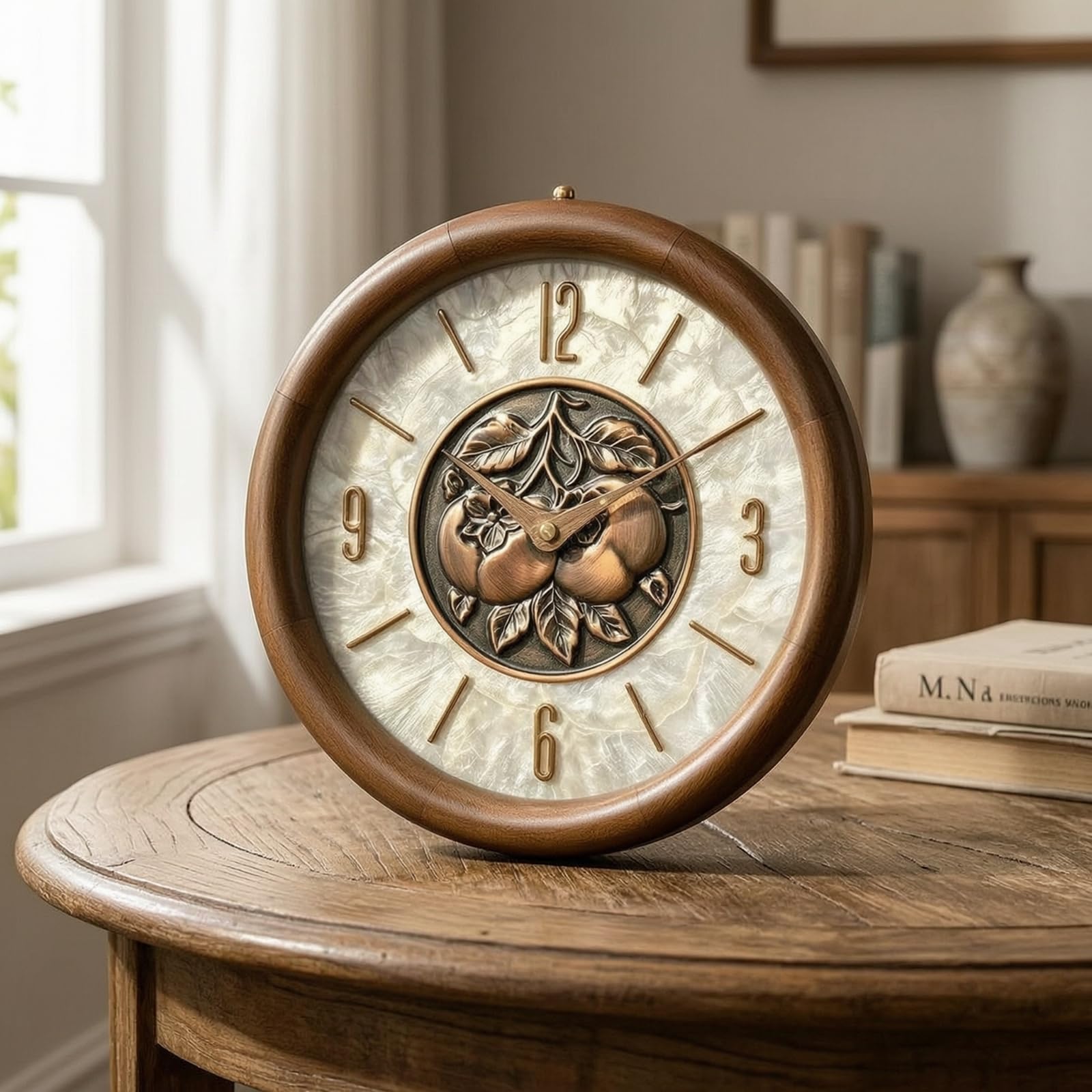 Baoblaze Reloj de Mesa Redondo Reloj Decorativo Reloj de Reloj de Estantería con Marco de Vetado de Madera y Esfera Nacarada con Números en Relieve Adecuado, Style to 1