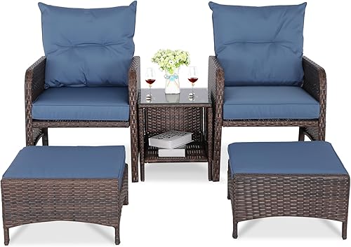 Miniatura 2 de Furnimy Balcony Furniture - Juego de 5 sillas de mimbre para patio al aire libre con otomana de mimbre de polietileno con cojines extraíbles para