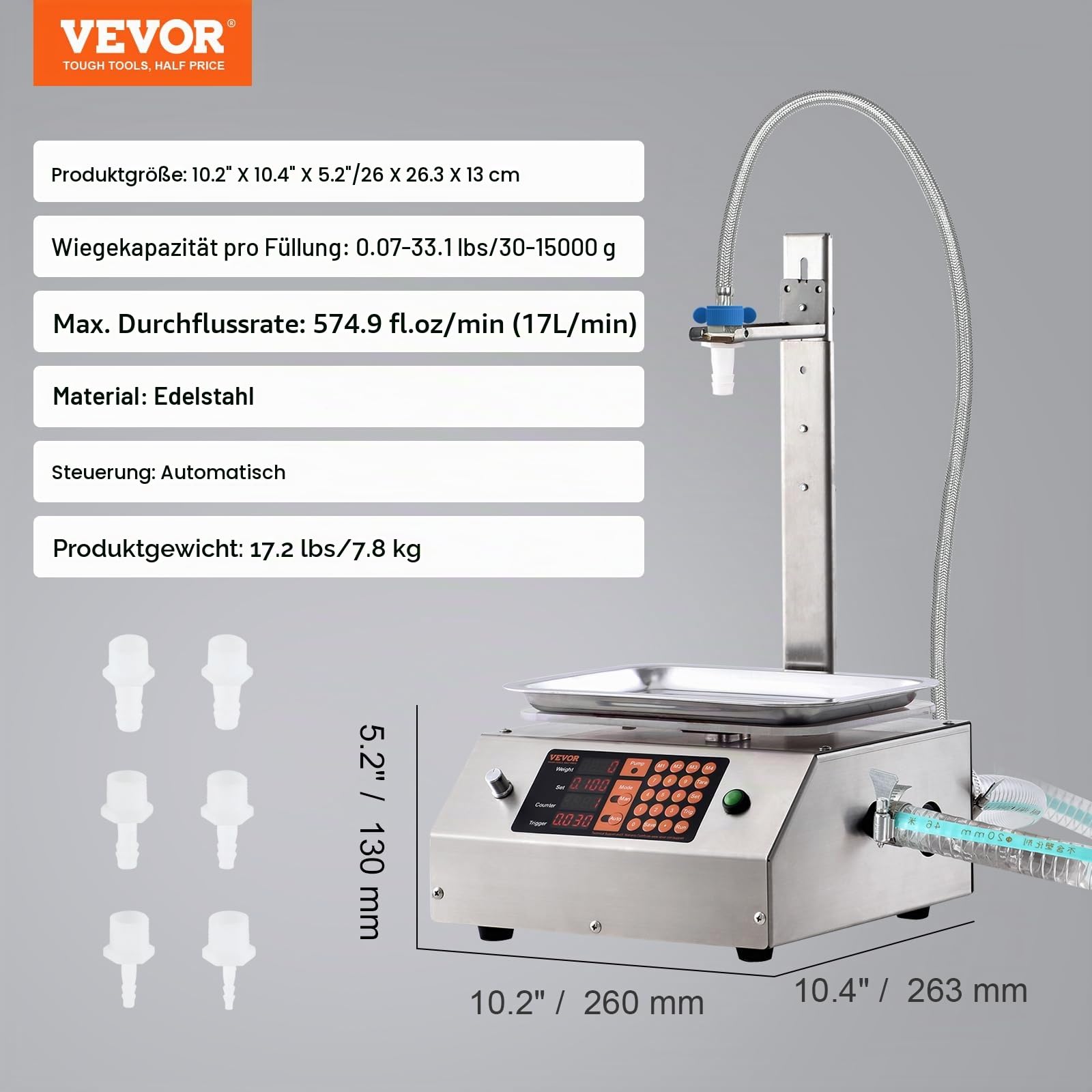 VEVOR Abfüllmaschine 17 L/min Flüssigkeitsabfüllmaschine 30–15.000 g pro Füllung Flaschenabfüllmaschine 26 x 26,3 x 13 cm Pastenfüllmaschine Automatik und Füllmaschine Wein Milch usw.