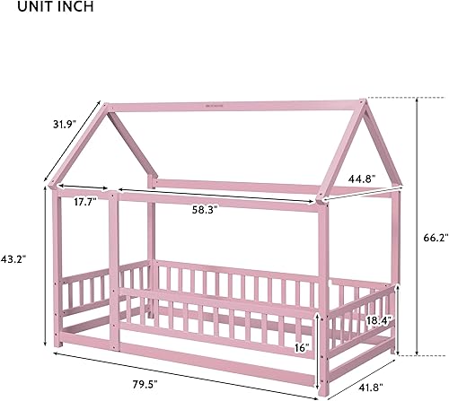 Miniatura 96 de Bellemave Cama Montessori de madera con valla y techo para niños, marco de cama individual para niños, niñas (individual, blanco)