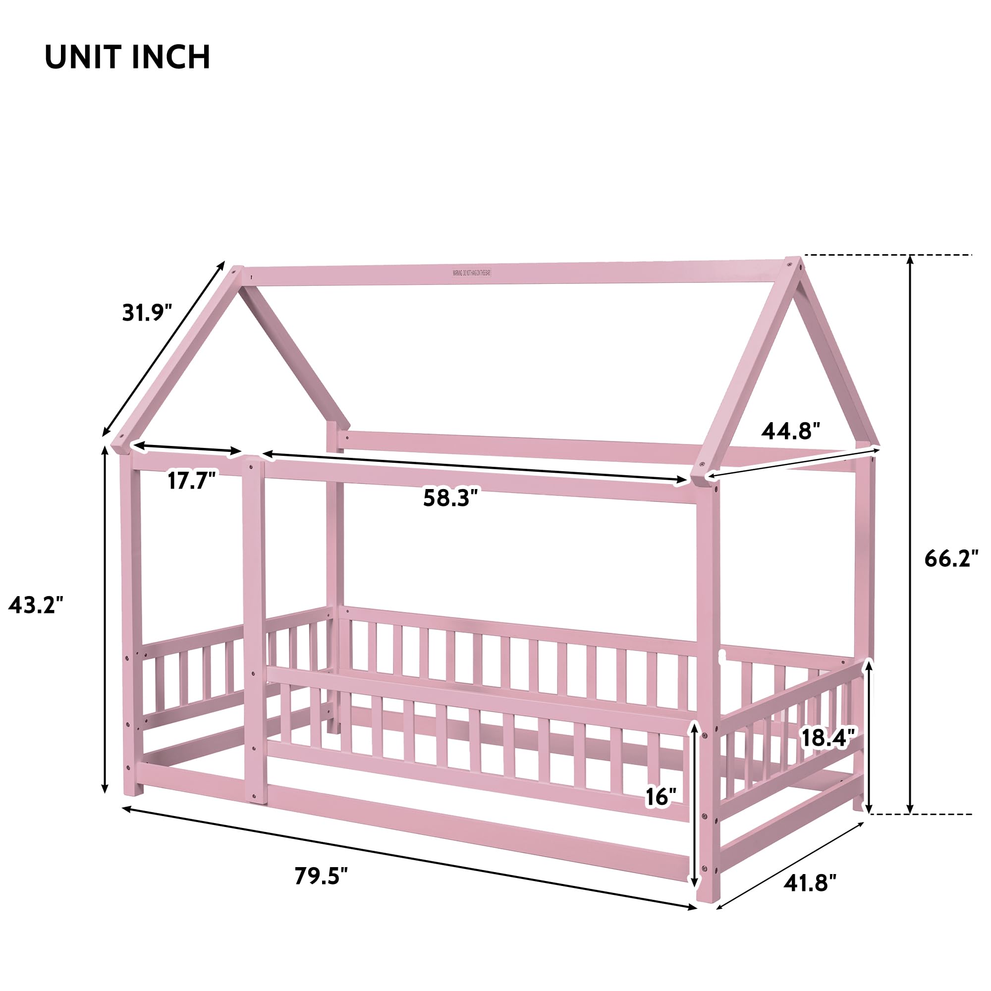 HKOLIE Twin Size House Bed with Fence, Wooden Montessori Floor Bed Solid Wood Floor Bed with Roof and Guardrails Sturdy House Shaped Floor Bedframe for Boys Girls Bedroom Kids Playroom, Pink