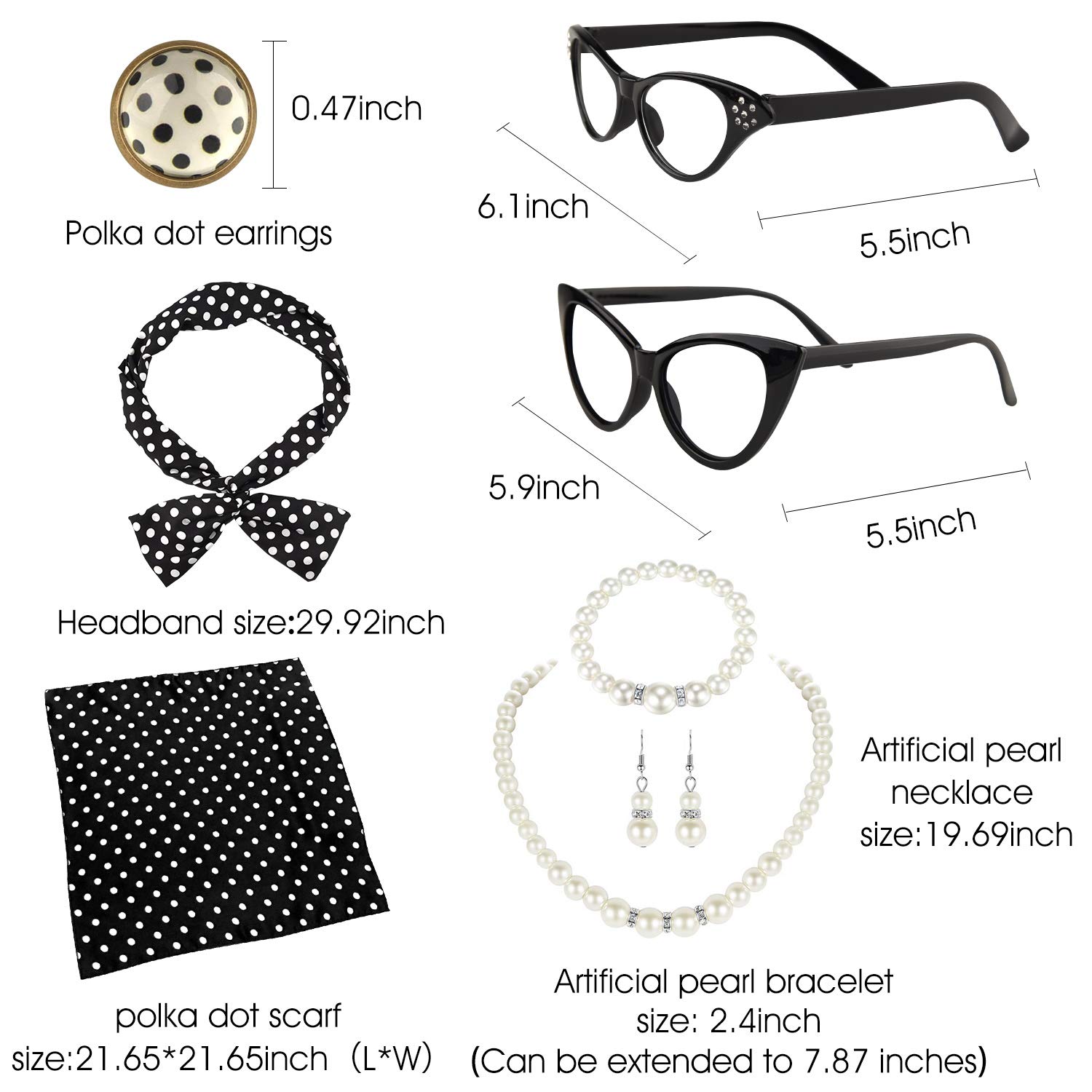 5 pezzi Rockabilly Accessori – Costume da donna anni '50 con sciarpa, occhiali da sole, guanti per carnevale, Halloween, cosplay