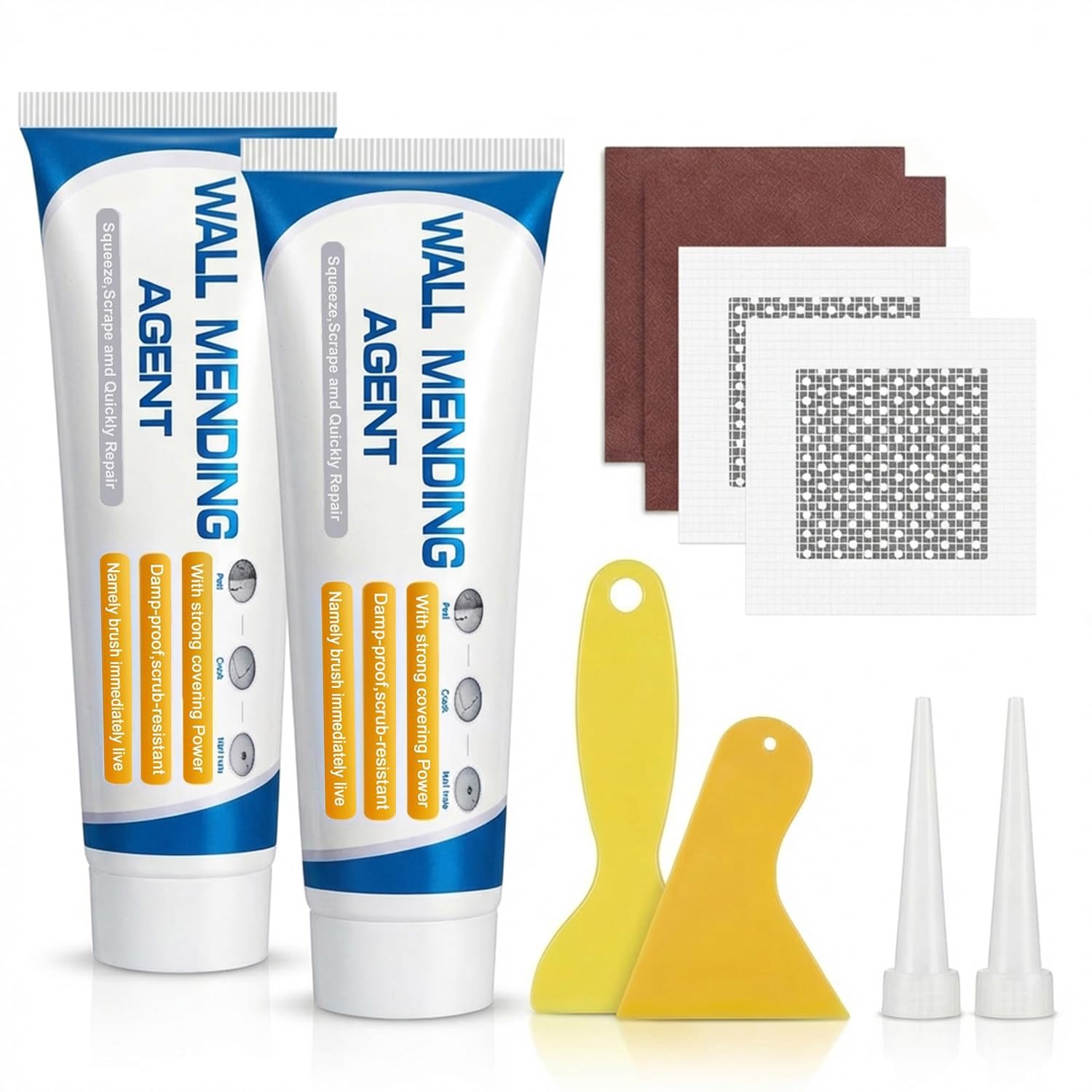 Wall Repair Kit with Ready Mixed Wall Filler & Self-Adhesive Drywall Patch – Quick DIY Fix for Wall Holes, Cracks, Peeling Paint & Graffiti Marks, Includes Scraper & Sandpaper
