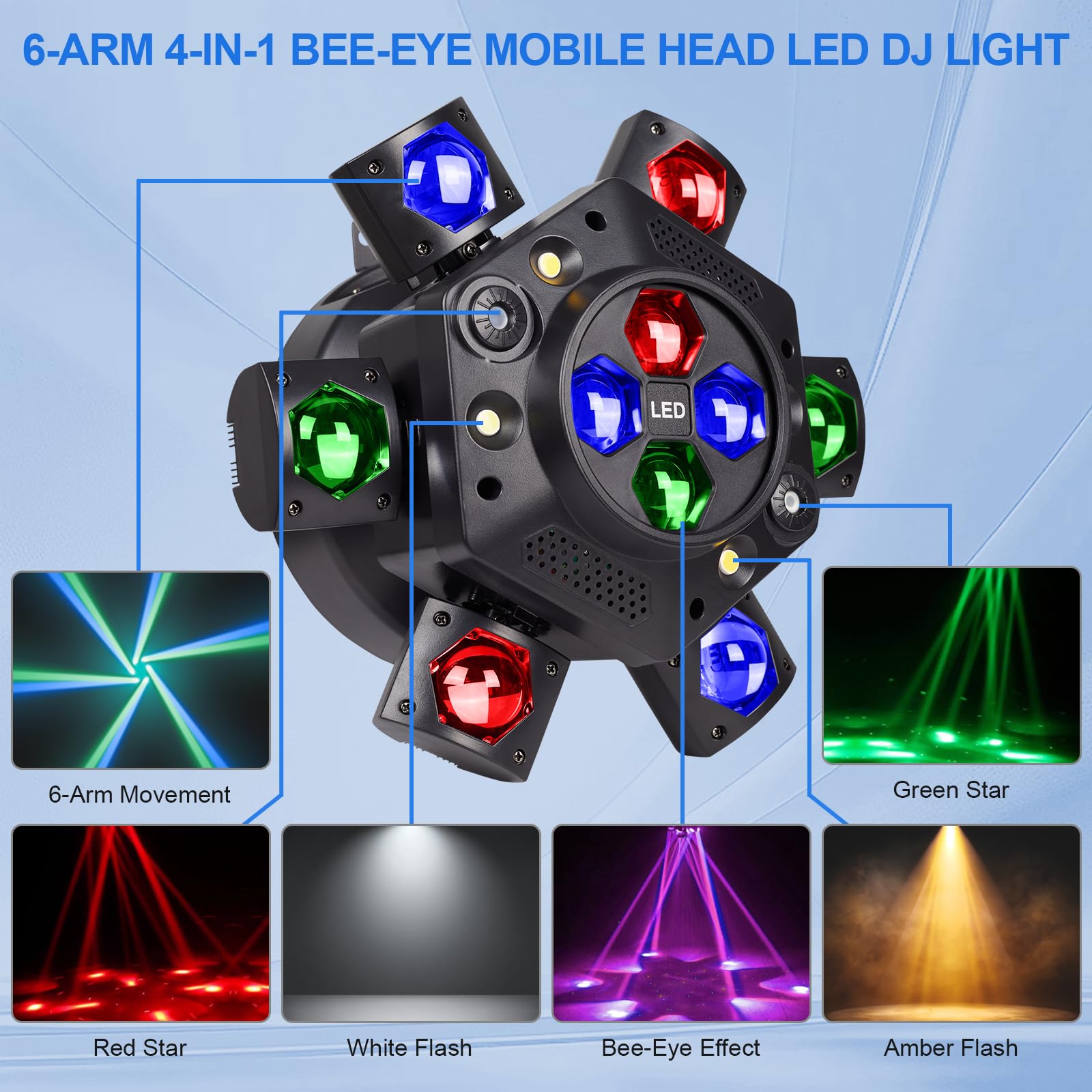 Luci per DJ a testa mobile, 150 W RGBW LED luci a testa mobile, 6 braccia luce per feste, luce effetto occhi d'api, luce rossa verde stellata, stroboscopica bianca e ambra, supporto DMX-512 e