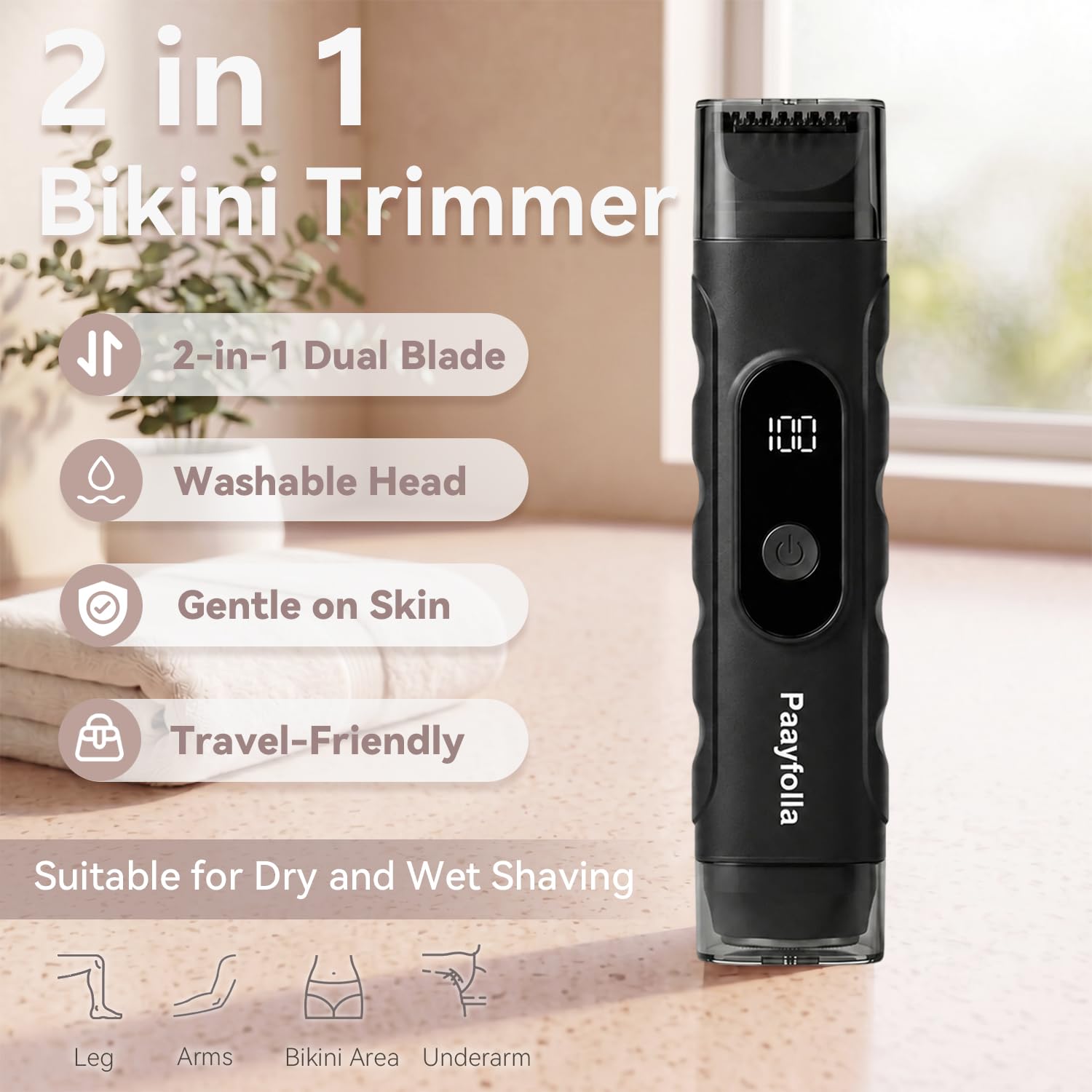 Rasoio elettrico senza fili da donna, 2 in 1, impermeabile, ricaricabile, per viso, gambe (nero)