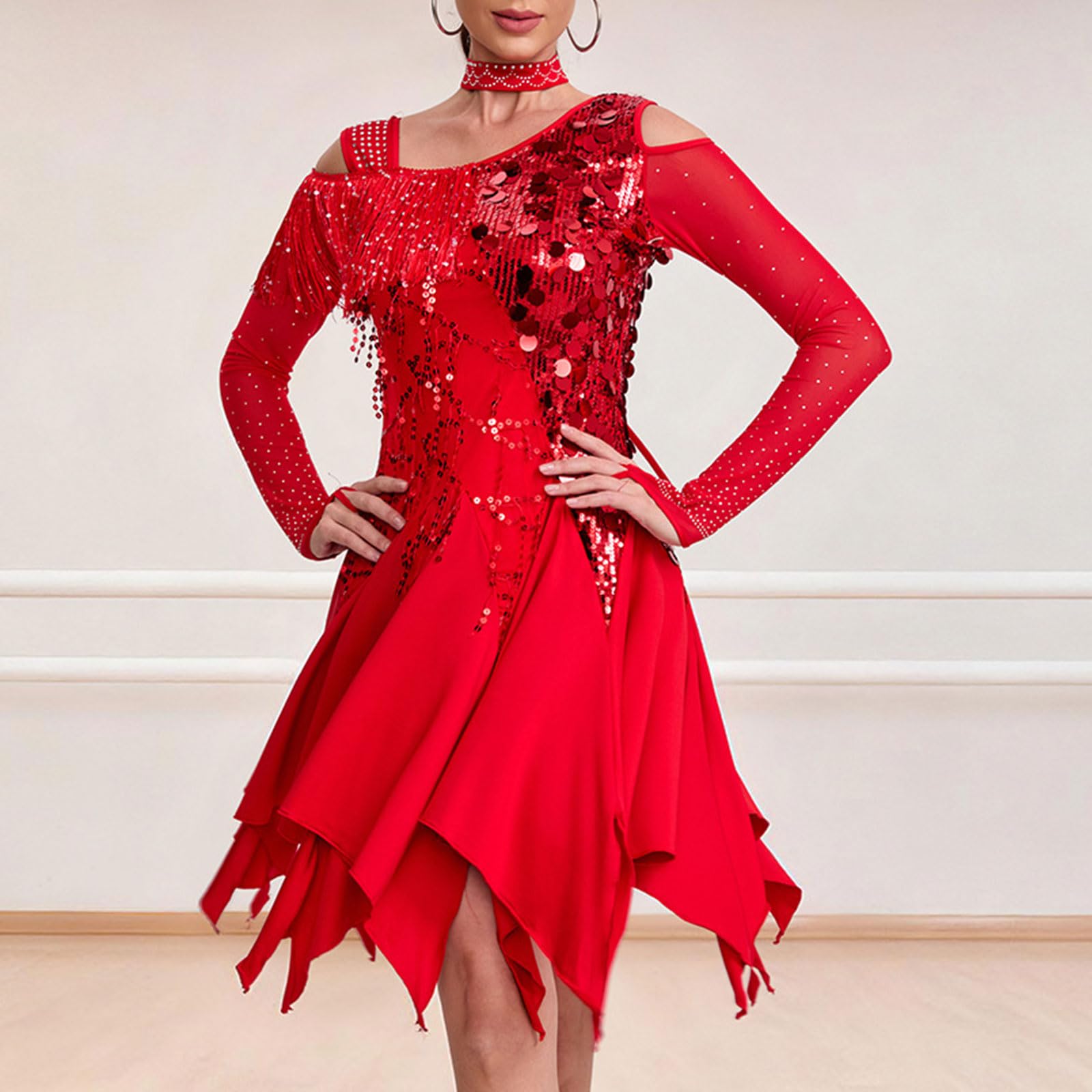 Greabuy Warmes, langärmeliges Latein-Tanzkleid, glitzernde Fransen, ideal für kaltes Wetter, Latein-Tanzkleid