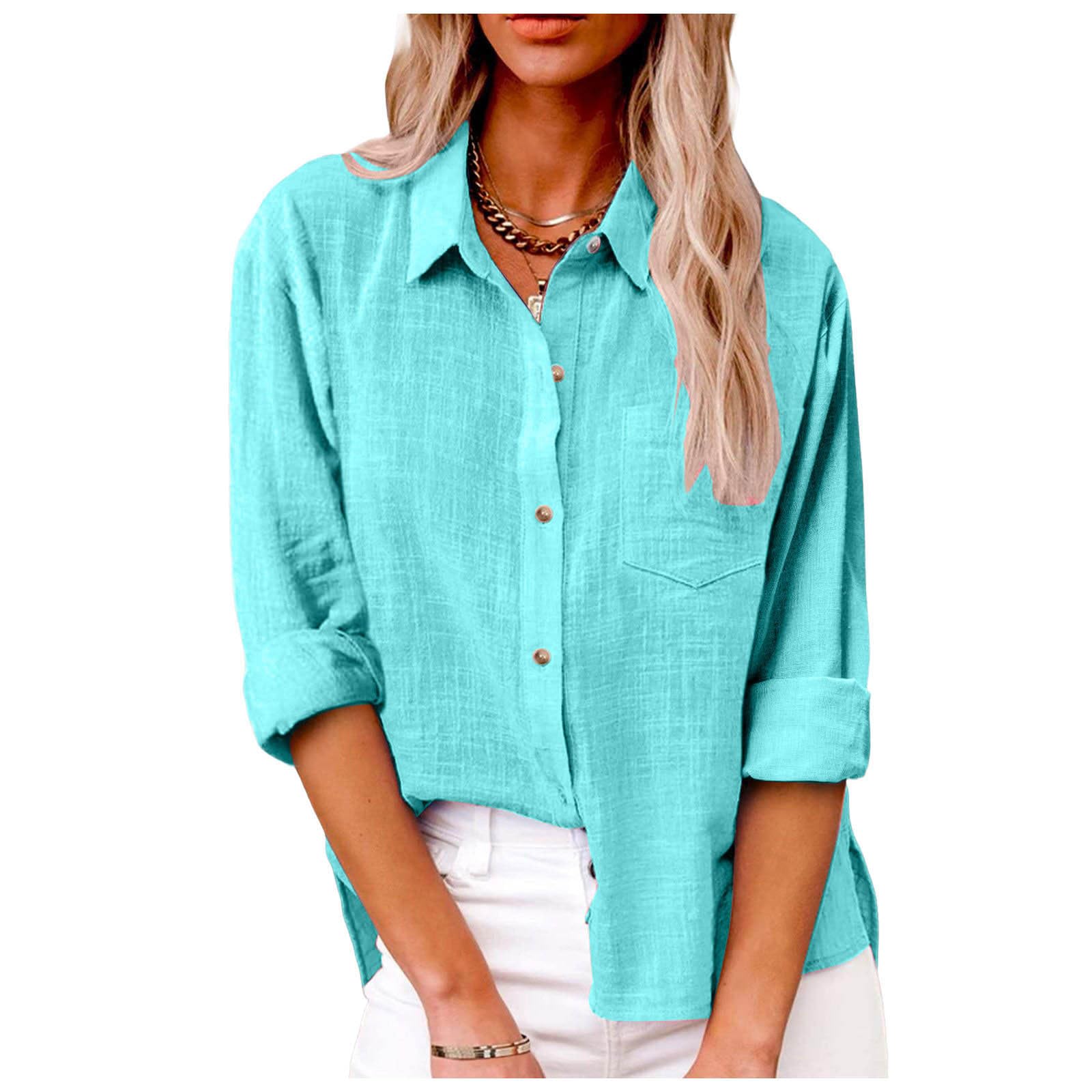 Camicie con bottoni in garza di lino per le donne estive alla moda tinta unita manica lunga colletto vestibilità ampia lino cotone 2026 tuniche casual bluse in mussola leggera Plus Size Vcation