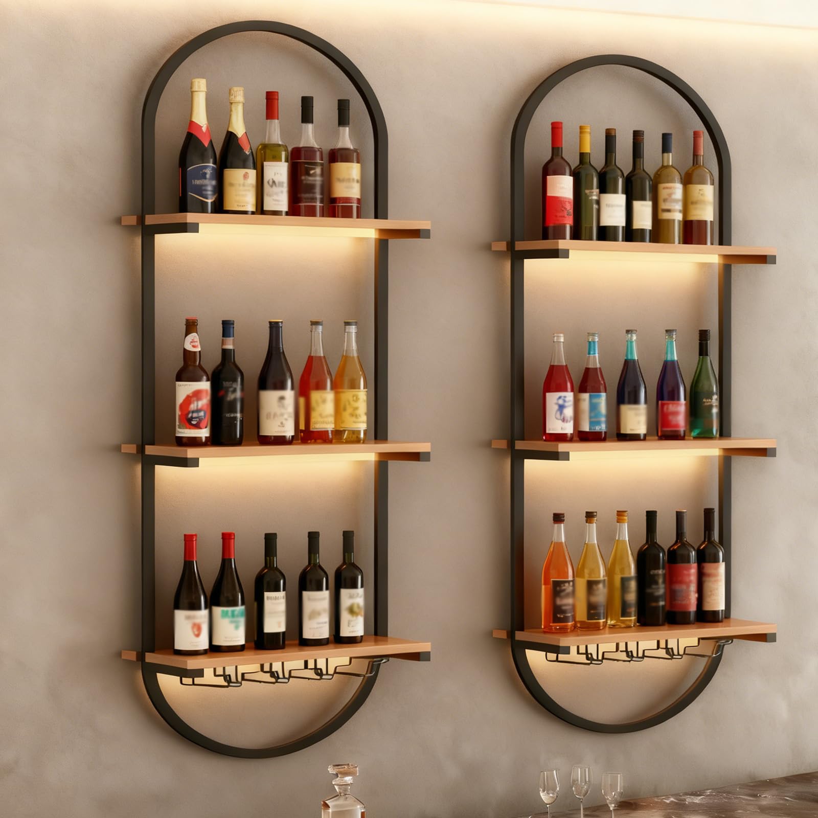 Portabottiglie da parete, portabottiglie fai da te in legno per bottiglie, mensole sospese a 3 livelli per liquori, per cucina, sala da pranzo, bar, cantina (2PCS)