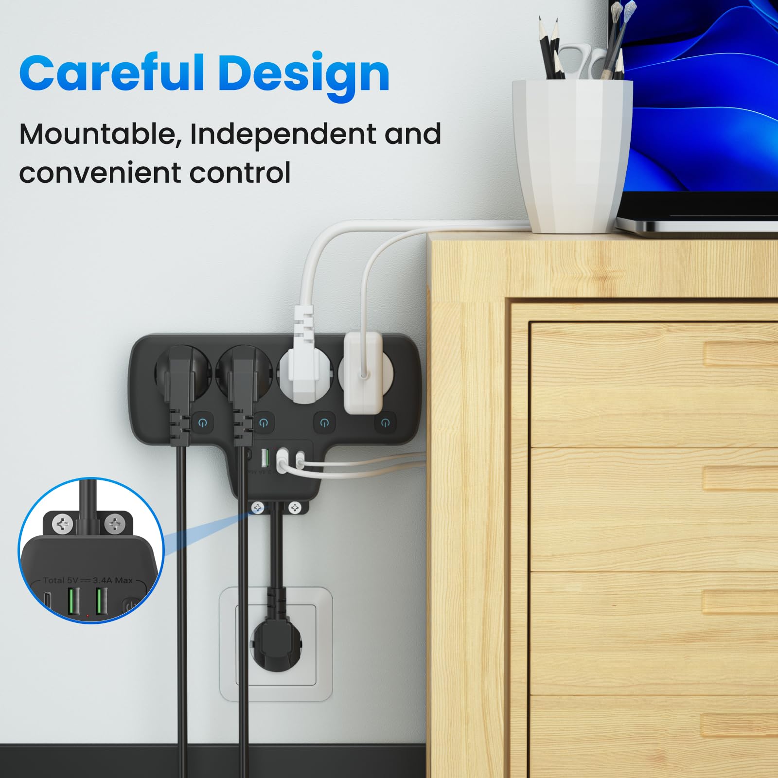 Ciabatta Elettrica con Interruttore, Ciabatta Multipresa con 4 Presa e 3 USB Carica,Presa Multipla Salvaspazio con Interruttori Indipendenti,4 Posti Multipresa Schuko da Parete 0,1M Cavo Corto,Nero