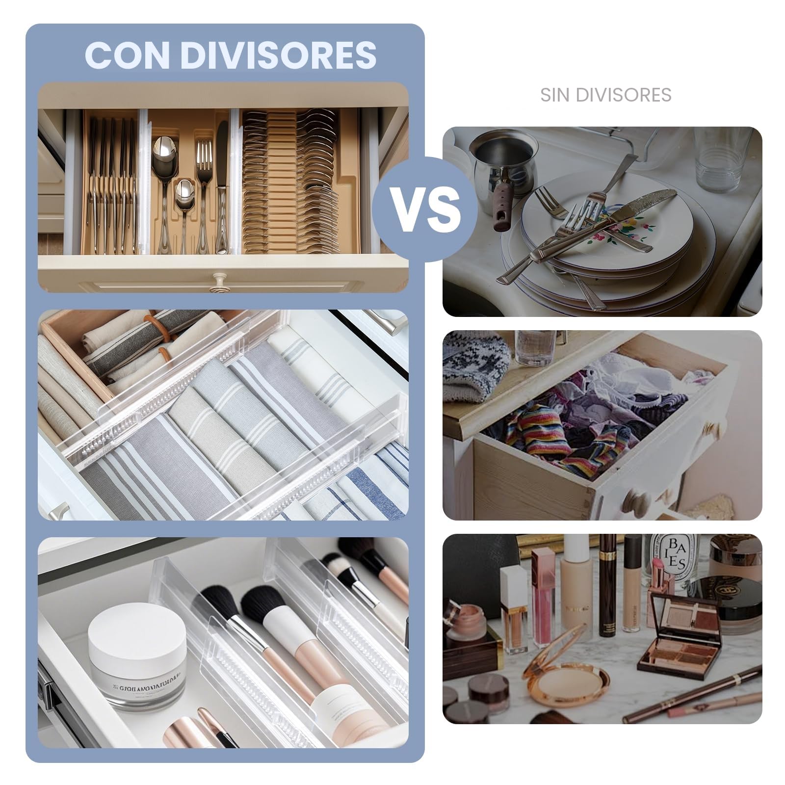 6Pcs Separador Cajones Transparentes - Separadores de Cajones Ajustables - Separadores de Cajones de Plástico - Ajustables Divisores para Tocador Armario Cocina Dormitorio (28.5-50cm)