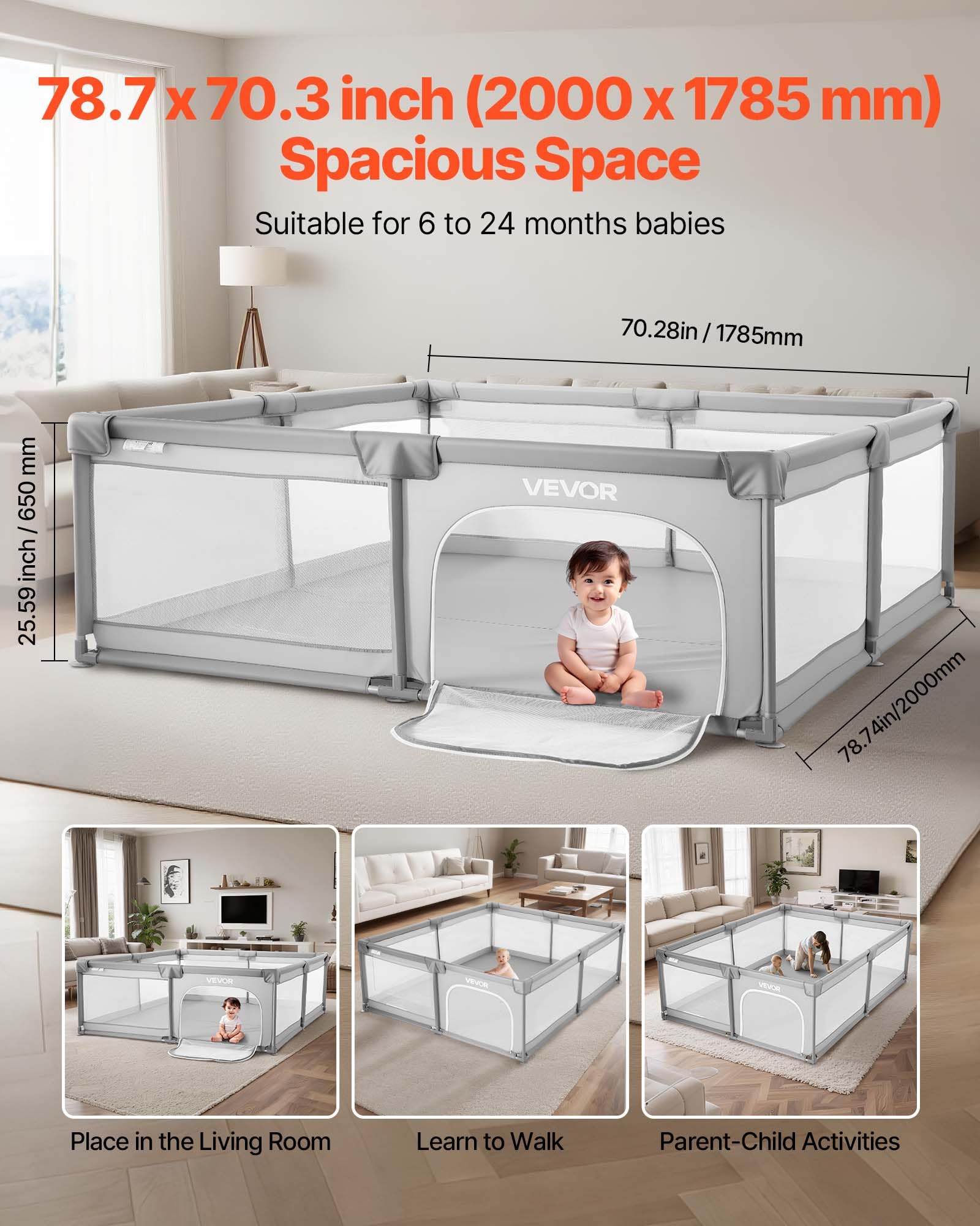 VEVOR Recinto per Bambini, 2000 x 1785 mm per Neonati, Recinto da Interno Esterno, Centro Attività di Sicurezza Senza Fessure con 50 Palline Oceaniche, Porta con Cerniera e Morbida Rete Traspirante