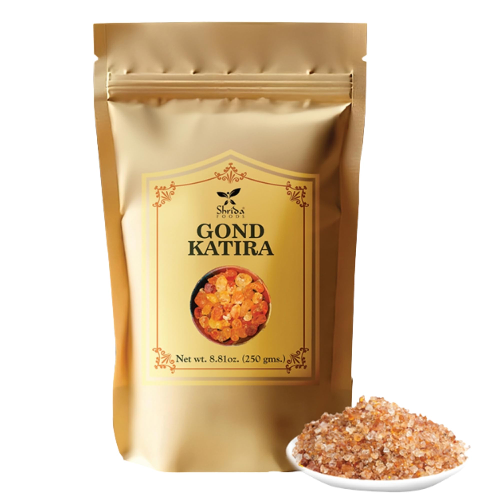 Shrida Foods Premium Organic Gond Katira, 8.8oz (250g), Natural Edible Gum, Pure Tragacanth Gum for Cooling Drinks, Skin & Hair Health, Gomme Adragante - Goma Tragacanto, Ayurvedic Cooling Superfood