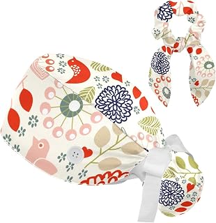 FVQL 2 Pieces Surgical Cap for Long Hair Scrub Cap with Hairband Nurse Cap, Flower and Bird Cartoon