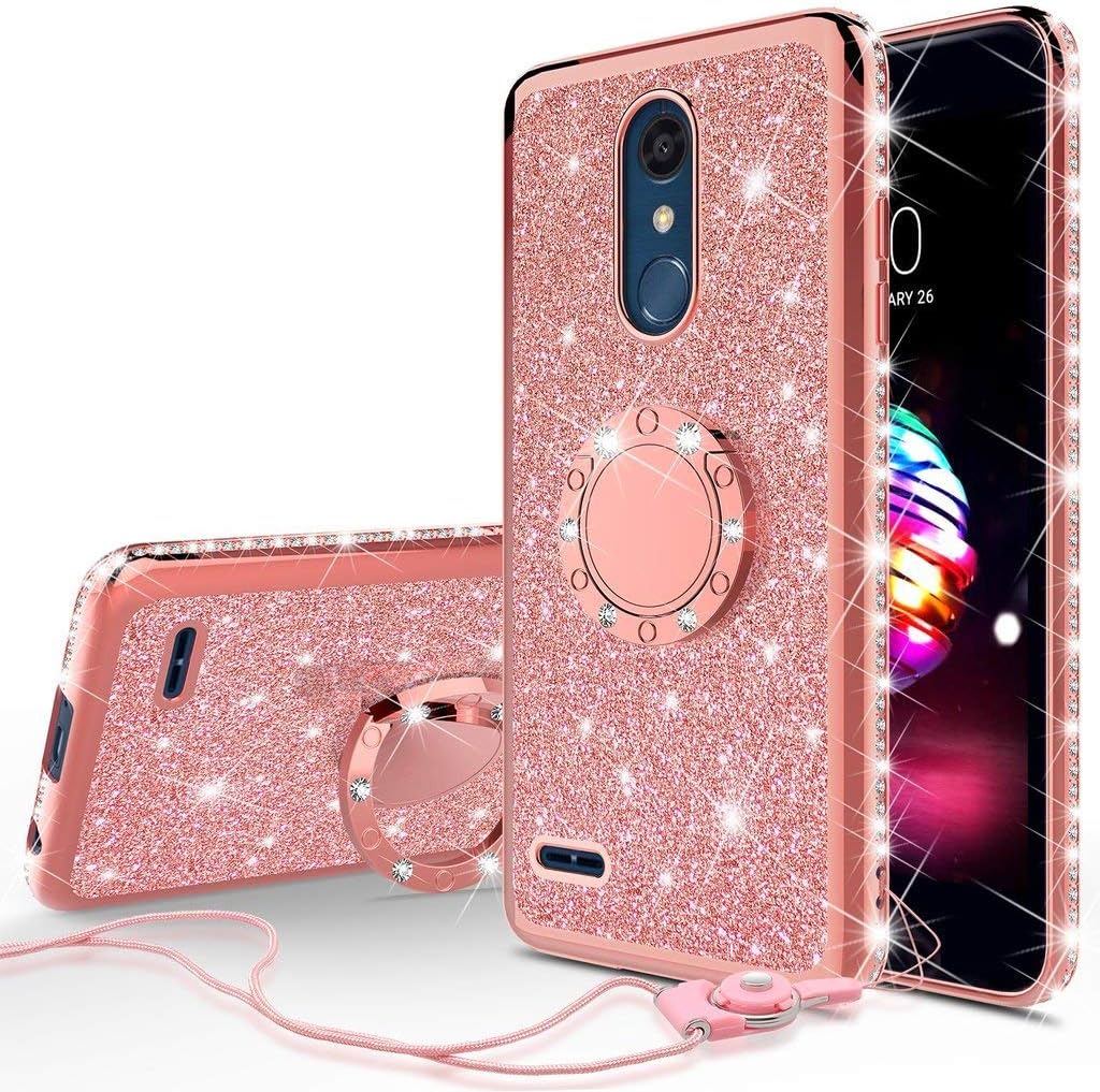 Galaxy Wireless Case Compatible for LG Stylo 5 / Stylo 5 Plus Ring Stand Bling Diamond Cute Kickstand Sparkly Clear Phone Case for Girls Women - Rose Gold