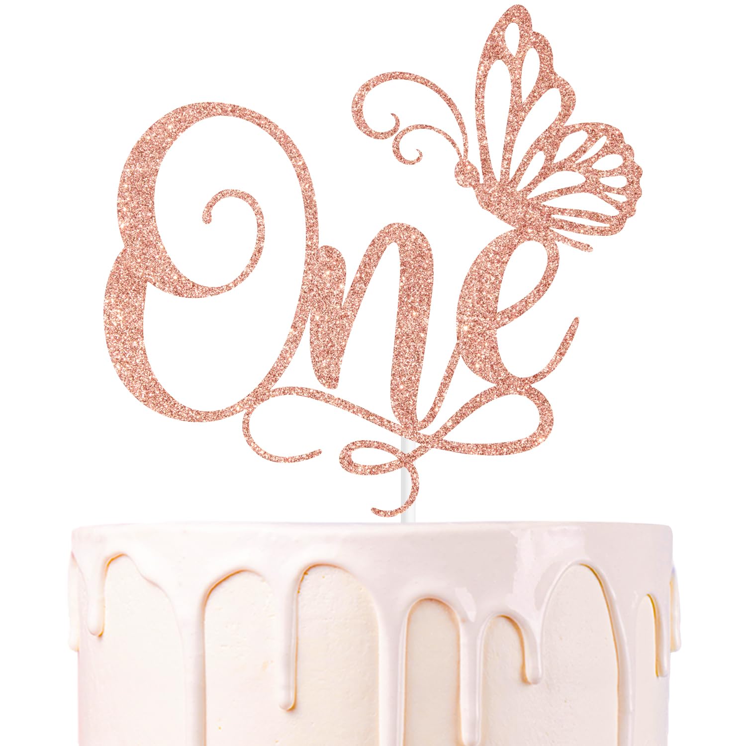 Rose Gold Glitter Butterfly One Cake Topper, My 1st birthday/Cheers to 1 Year, Butterfly Spring Flower Themed Baby's 1st Birthday Party Decorations