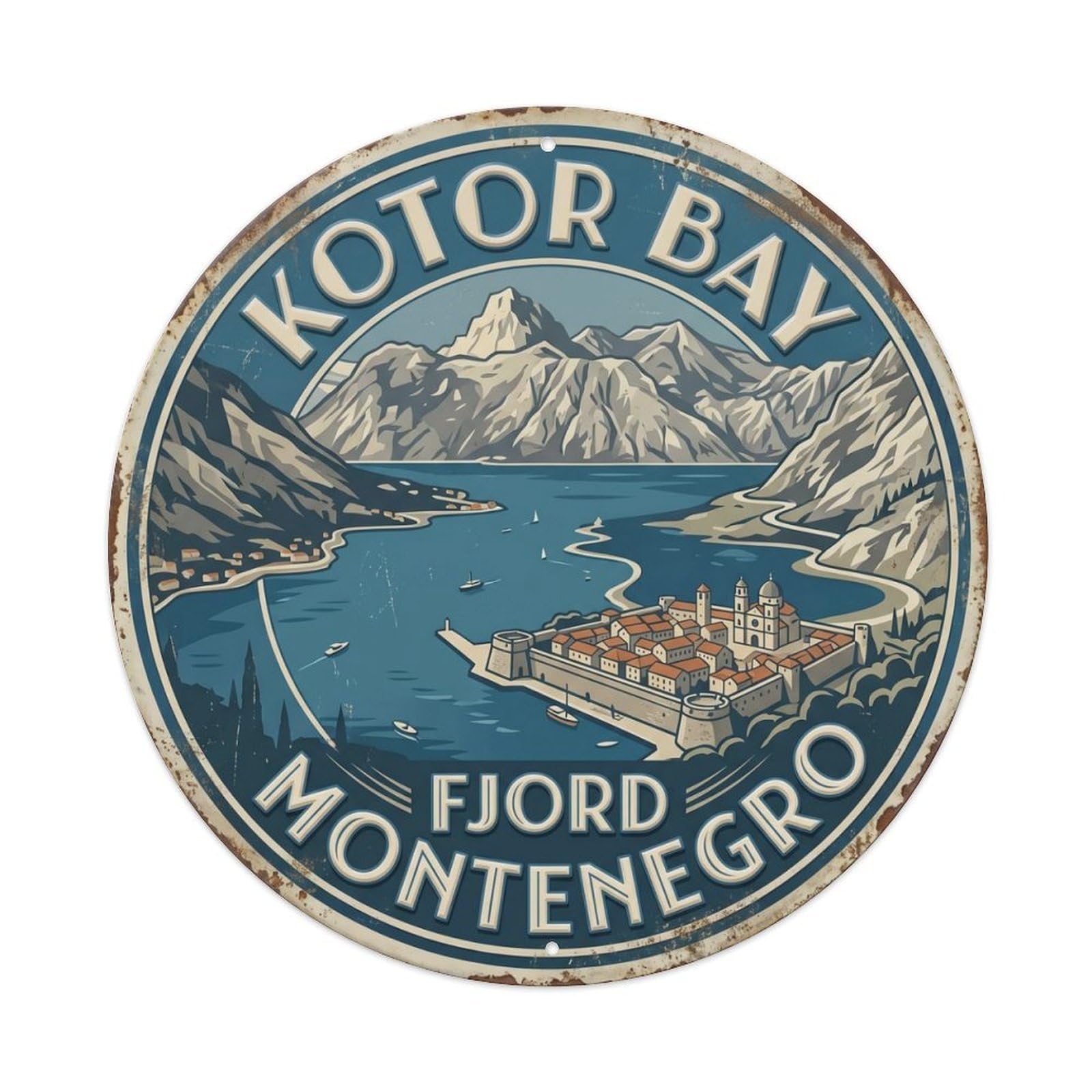 Kotor Bay Fjord Montenegro Coast Metal Tin Sign Plaque Wall Decor for Cafe, Club Bar, Office, Home Garden Round Metal Poster 8x8Inch