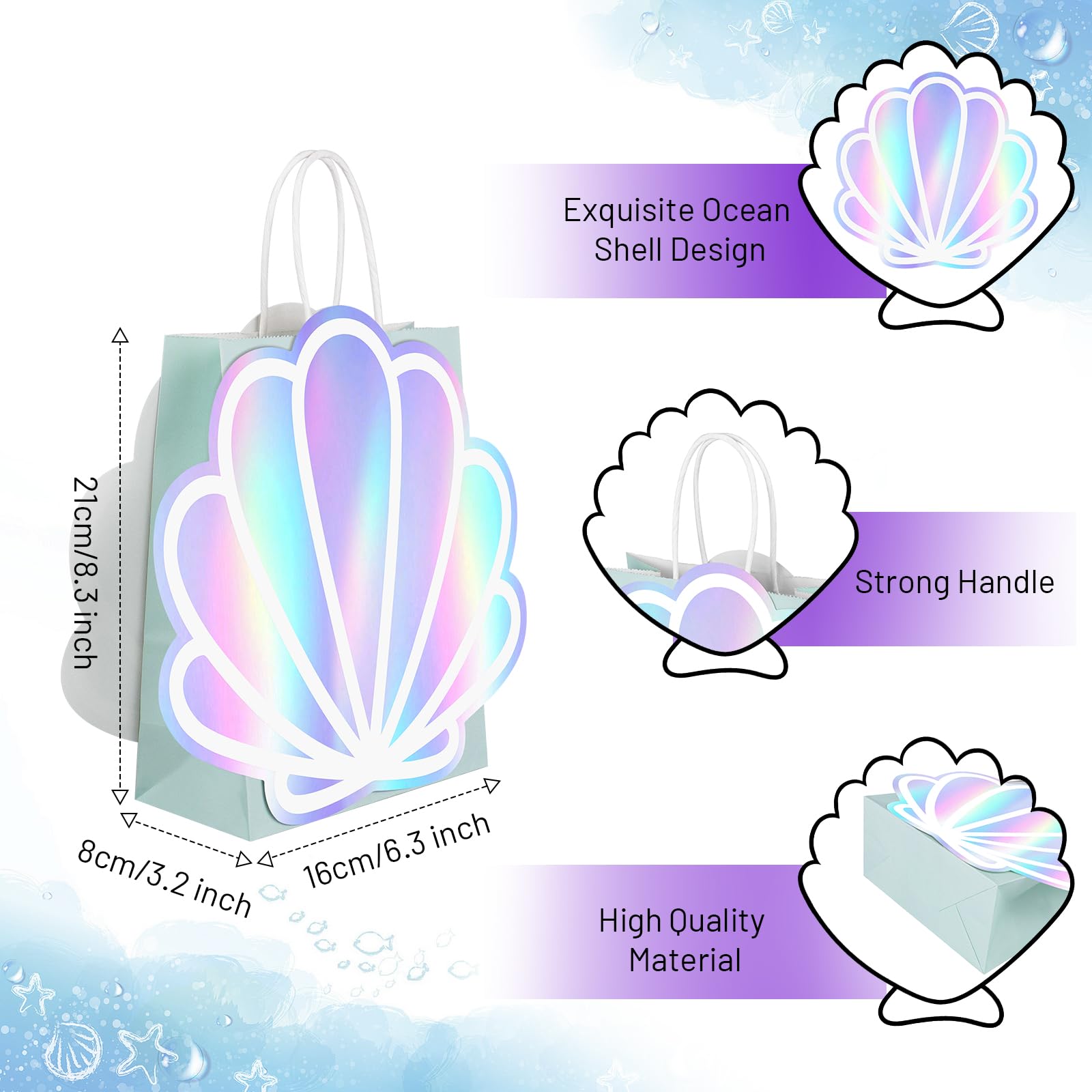 12 Pack Sea Shell Gift Bags For Mermaid Goodie Bags Party Favor Iridescent with Handle for Under The Sea Party Summer Ocean Beach Celebration Supplies