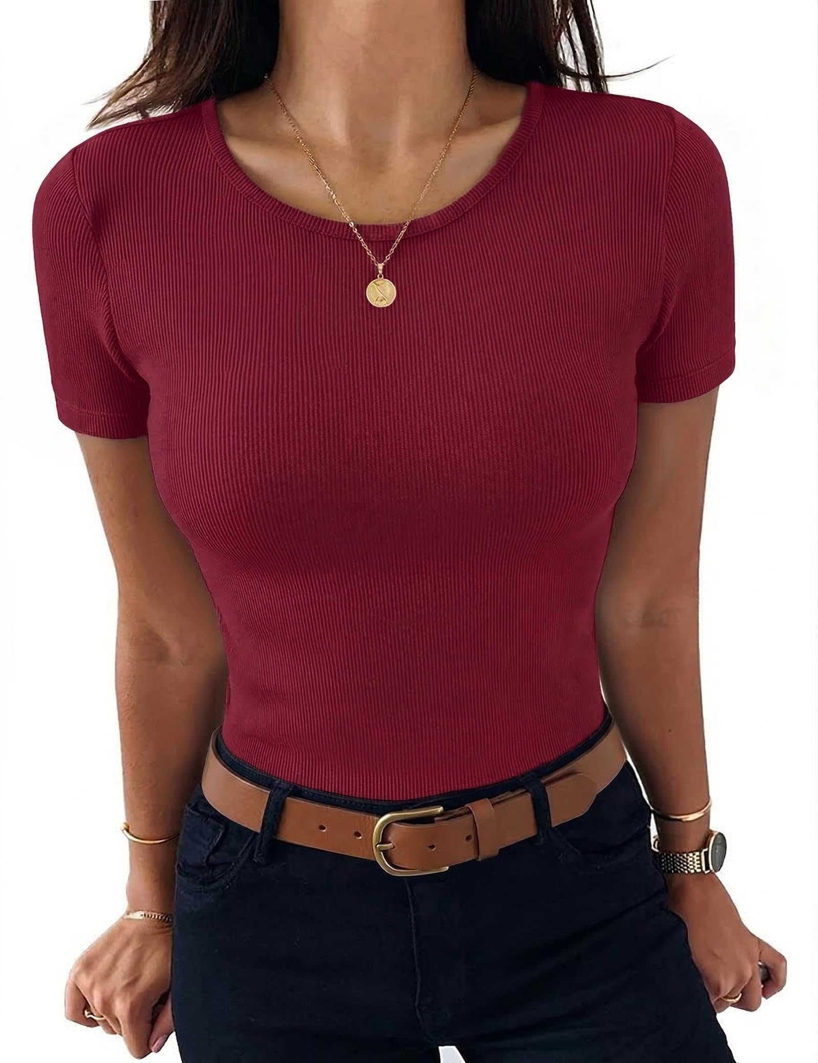 Aottori Damen T-Shirt Rundhals Sommer Oberteile Kurzarm Gerippt Basic Tee Shirts Elegant Slim Fit Tshirt Stretch Casual Tops Einfarbig