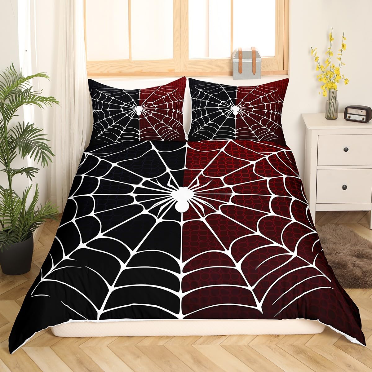 feelingyou White Spider Kids Duvet Cover Double Size,Black and Red Comforter Cover for Kids Teens Adults Bedroom Decor,Halloween Theme Soft Polyester Bedding Set 2 Pillowcases,No Comforter - Image 3