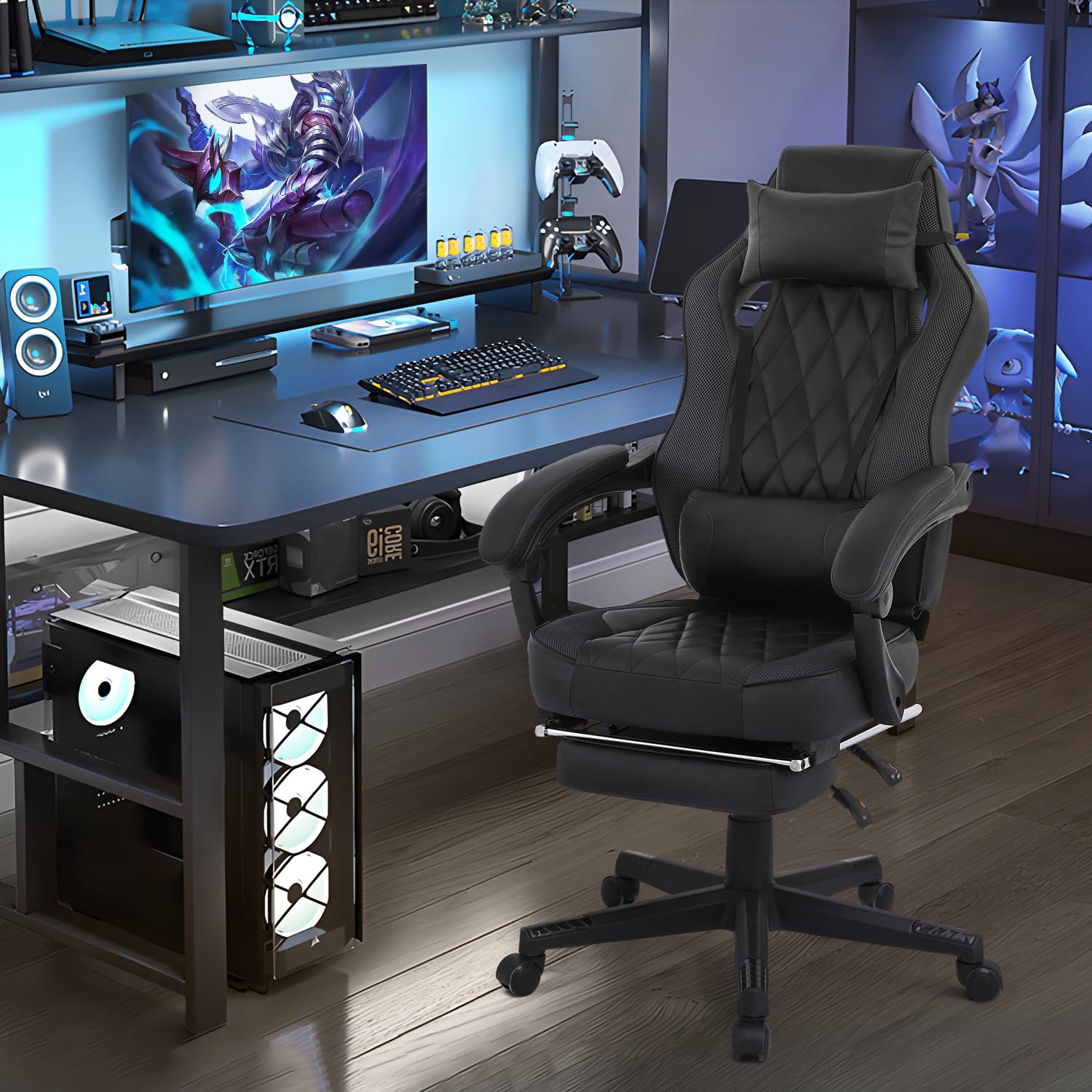 MoNiBloom Ergonomic Gaming Chair Adjustable Height Ergonomic Racing Chair Carbon Fiber Leather High Back Video Game Chair with Footrest and Lumbar Support for Adult Teen Home Bedroom Gaming, Black