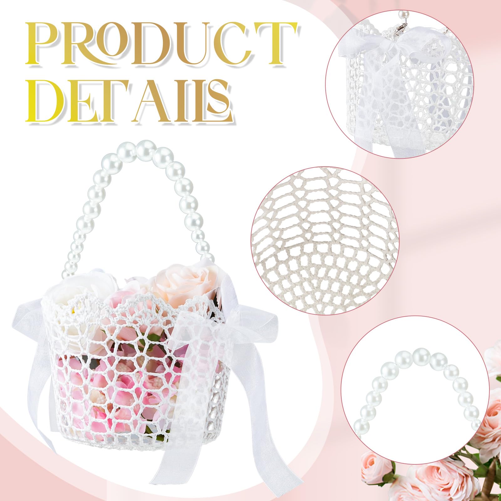 Uiifan Blumenmädchen-Korb mit Perlengriff, Hochzeitsblumenkorb, weißer Korb mit Griff für Hochzeitsmädchen-Set, 14 x 10 cm, 4 Stück