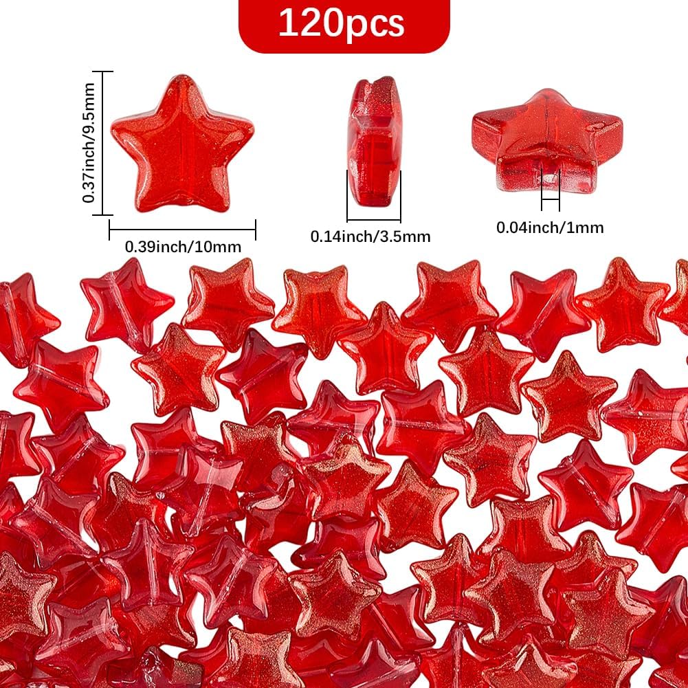 1 Box 120Pcs Red Star Glass Beads with Holes Crystal Lampwork Pentagram Shiny Gold Sand Loose Spacer Charm Bead Bulk for Jewelry Making Earrings Bracelets Necklaces Decor DIY Craft Supply - Image 2
