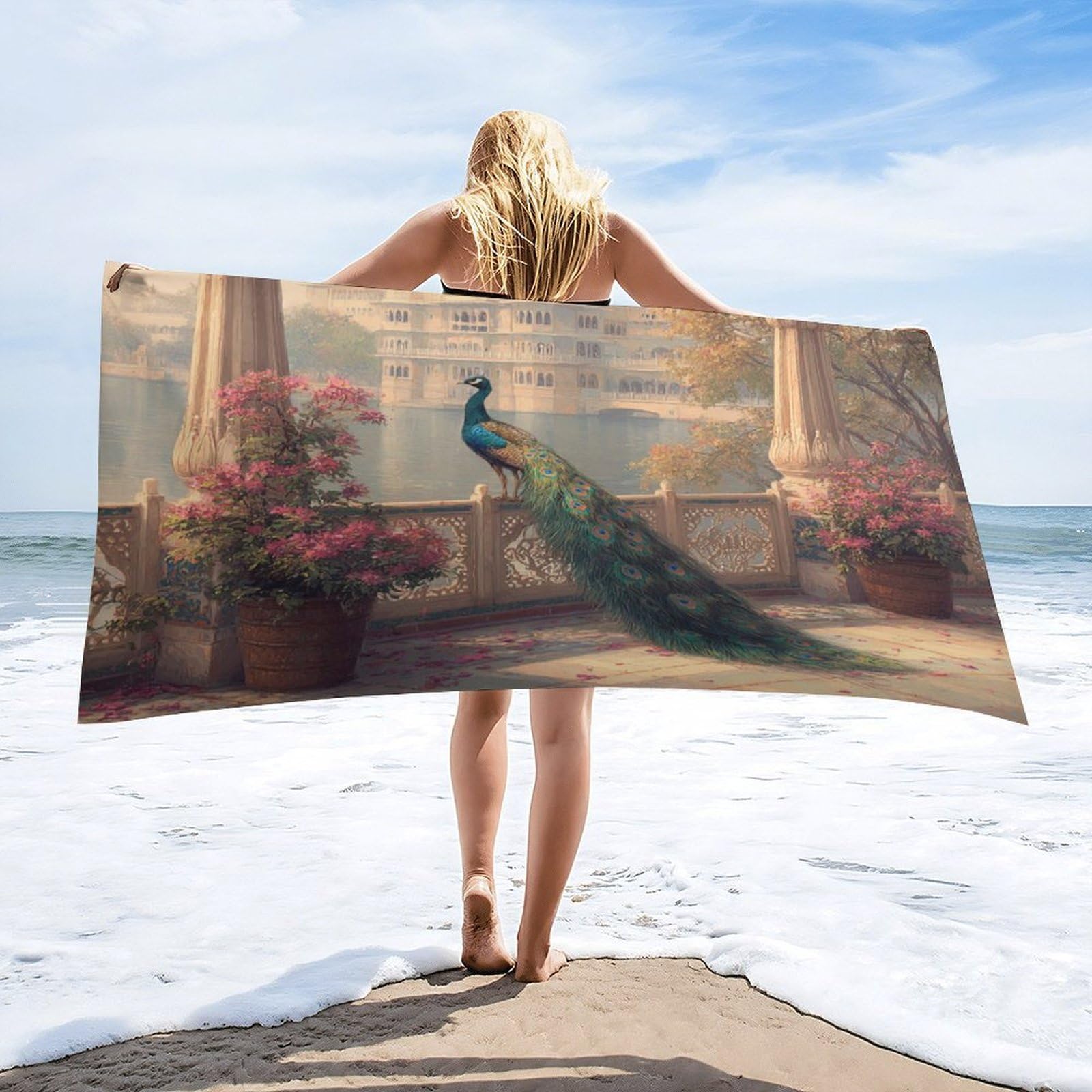 Luyysky Modern Classic Elegant Peacock Absorbent Beach Towel, Romantic Rustic Castle Animal Peacock Plant Floral Outdoor Single-Sided Velvet Beach Towel-80 W Cm X 160" L Cm