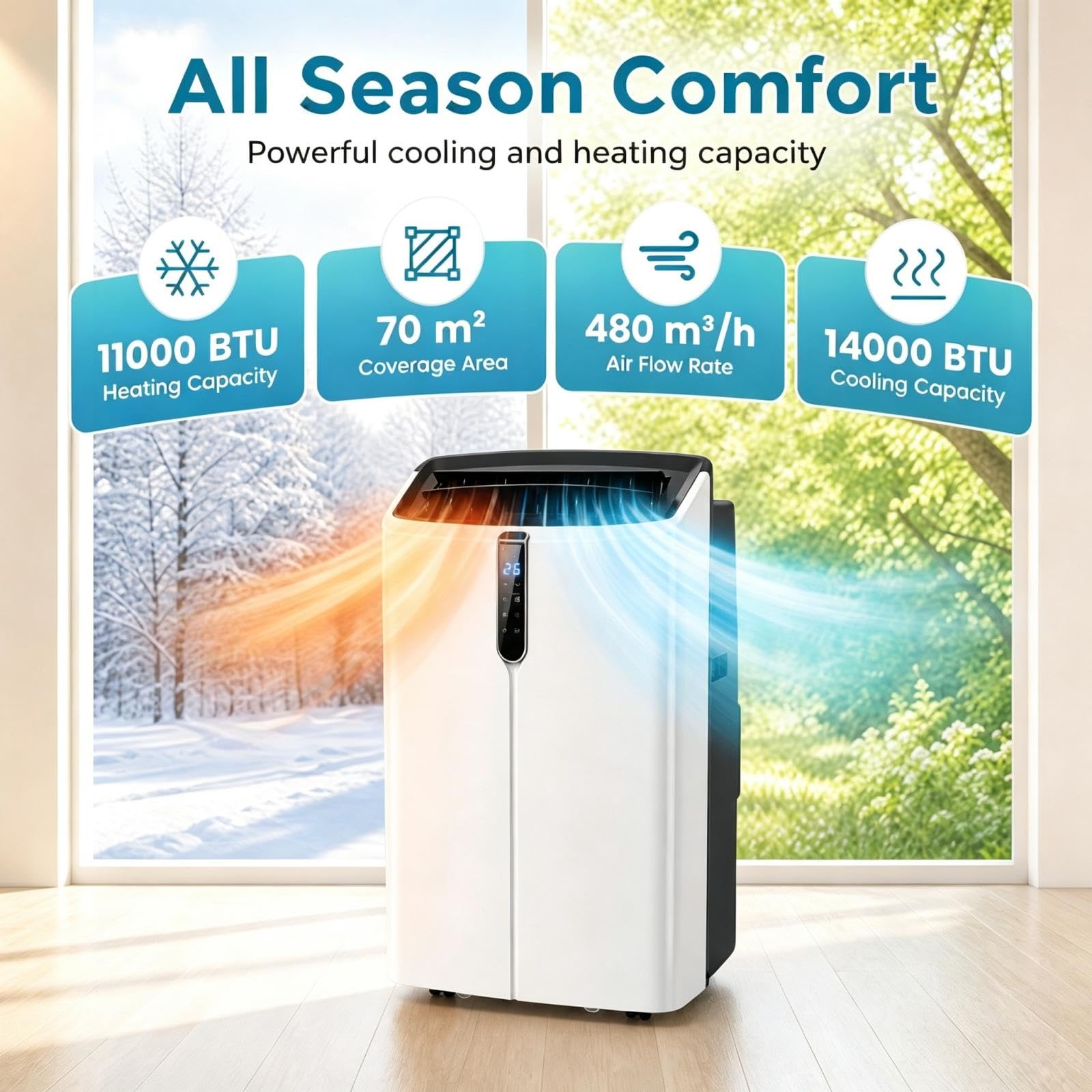 LIFEZEAL Climatiseur Mobile, Climatiseur Portable avec Fonctions Refroidissement, Chauffage, Déshumidification et Ventilation, Télécommande/Wi-Fi, Minuterie 24H (Style4-14000 BTU)