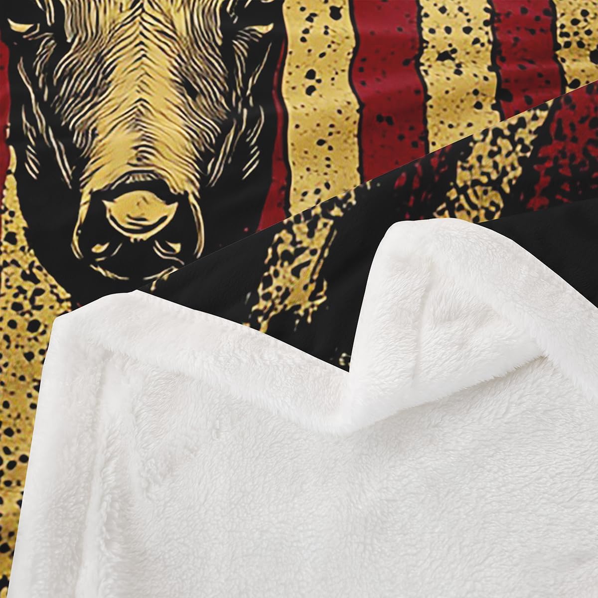 Erosebridal Elk Skull Fleece Blanket American Flag Blanket, Deer Antler Throw Blanket for Chair Vintage US Flag Sherpa Blanket, Retro Grunge Plush Blanket, Black Red