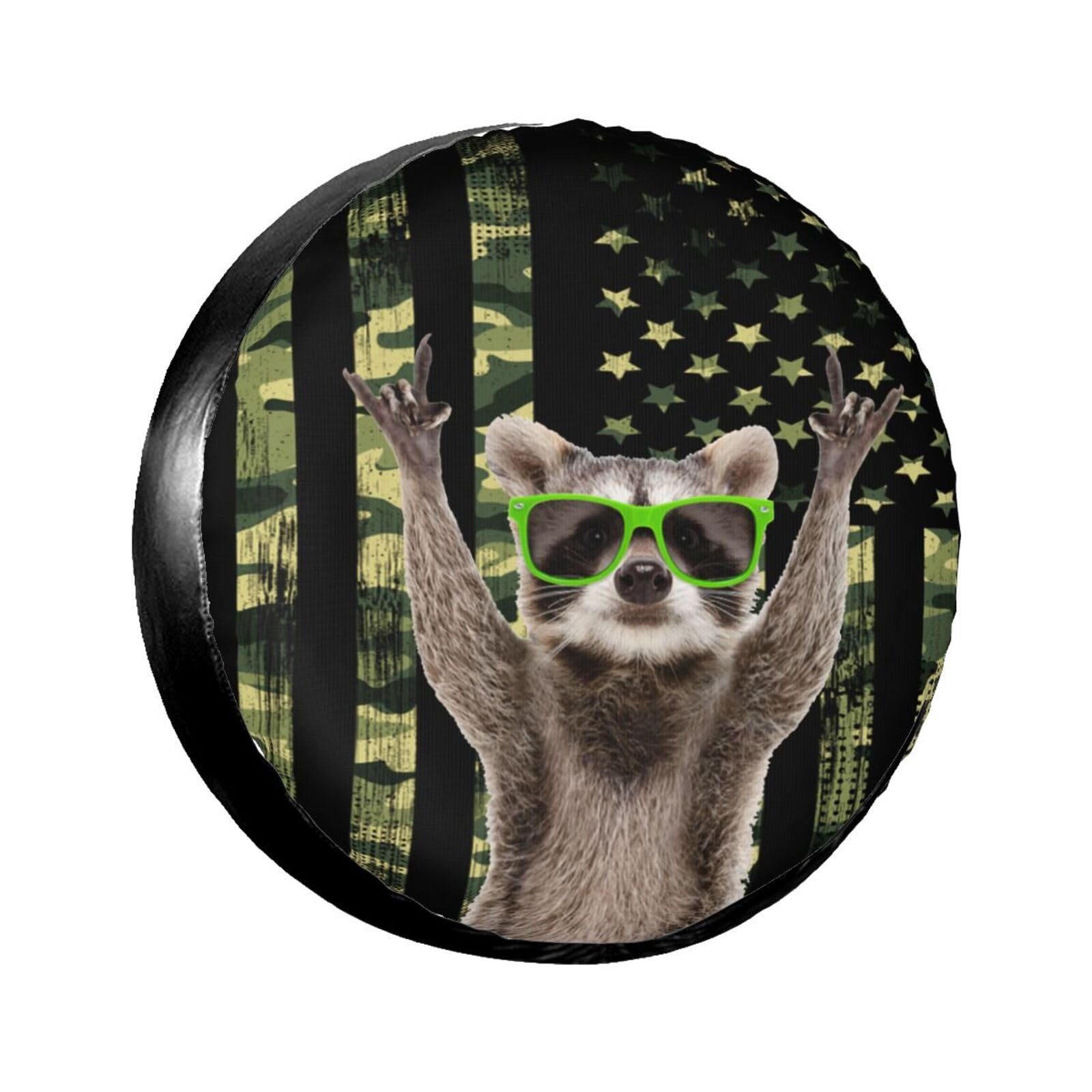 Camo American Raccoon Spare Tire Cover for Rv Trailer Camper Truck SUV - Cute Raccoon Animal Wheel Protectors Cover Waterproof Fabric for Travel Camping Outdoor,Universal Fit,16 inch