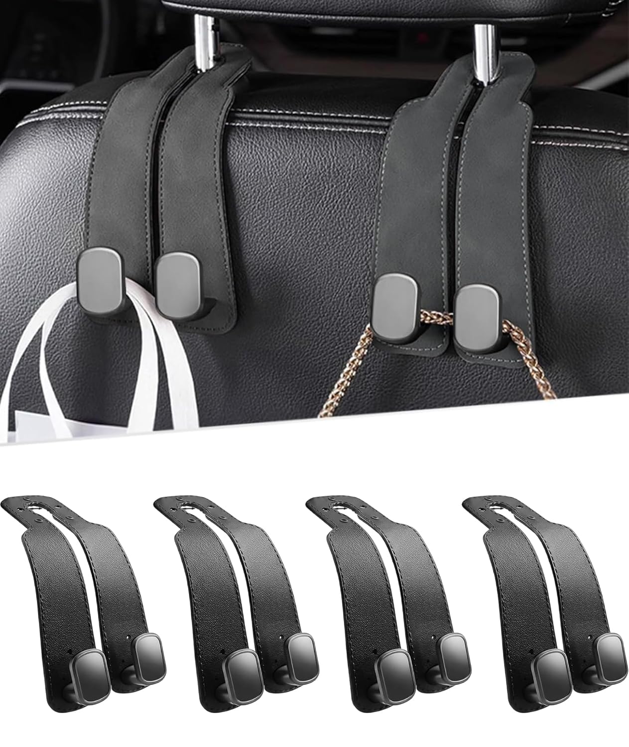 2 Pack Car Seat Headrest Double Hooks Leather Car Back Seat Headrest Hooks for Purses, Bags and Handbags, Car Organization Accessories-image-36