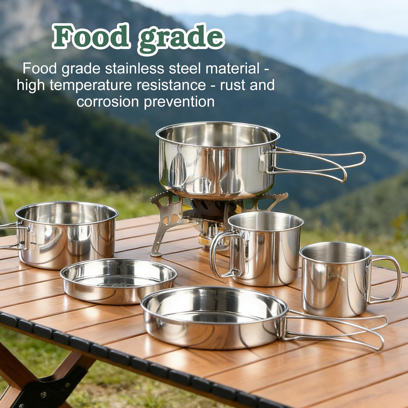 Camping Kochgeschirr Set, 5-teiliges Edelstahl Camping Kochset, Camping Kochtopf, Kochgeschirr Kochset mit Deckel und Griff, Faltbar Und Stapelbar, Outdoor Camping Topf für Wandern Picknick,Reisen