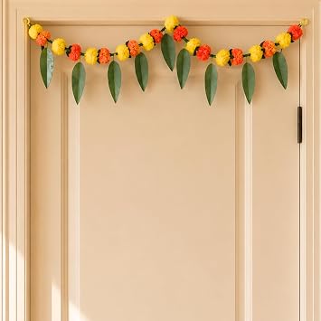 LOVENSPIRE Marigold and Mango Leaf Door Toran 3 Ft. Traditional Floral Garland Valance for Festival and Pooja Decor, Indian Bandarwal Hanging for Diwali, Weddings, and Housewarming Favors