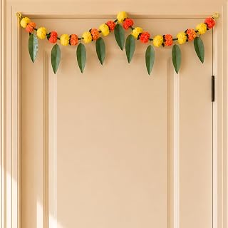 LoveNspire Artificial Marigold Flower & Mango Leaf Garland for Festive Decorations (3 ft) - Indian Bandarwal for Wedding, Diwali, Day of the Dead, Outdoor & Indoor Home Decor