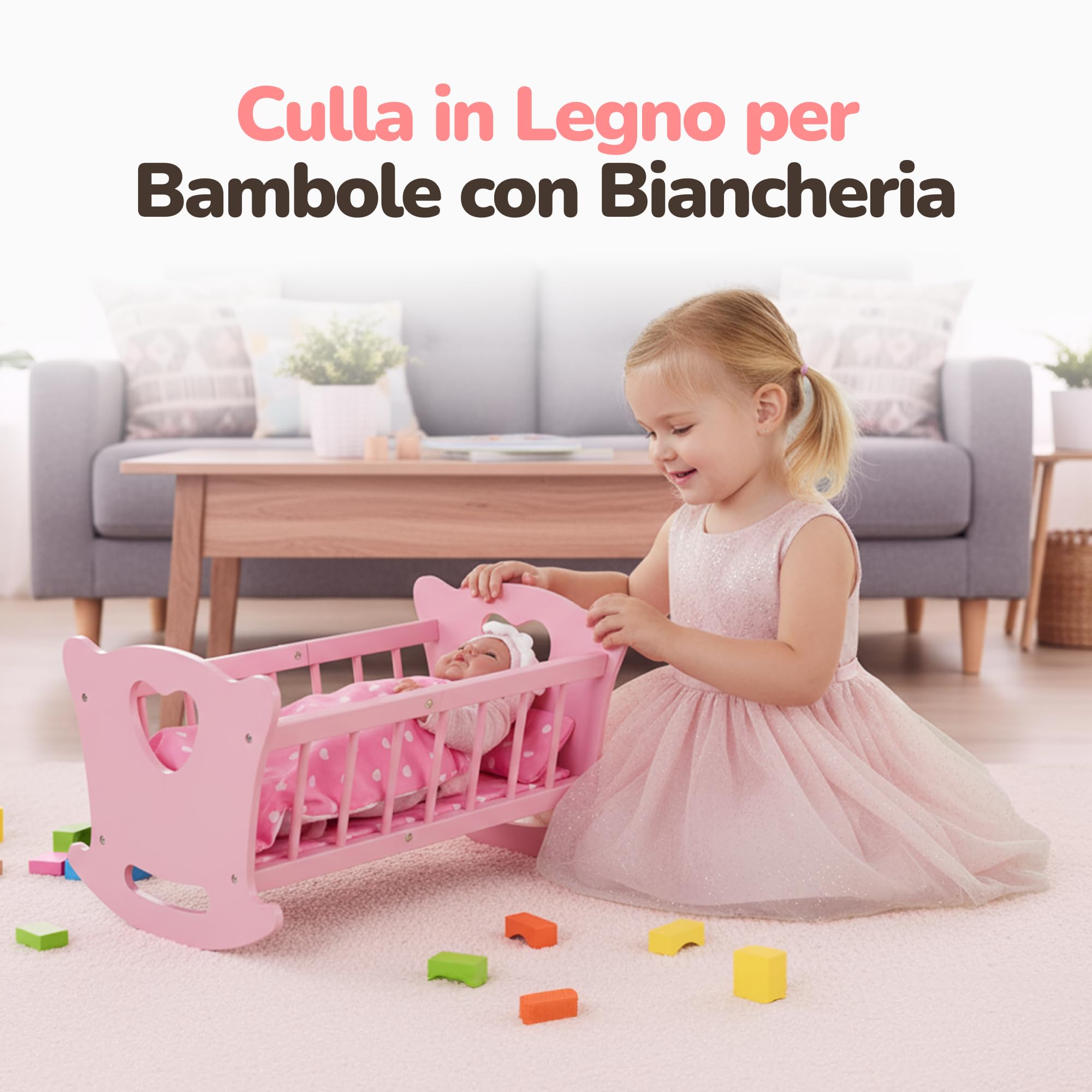 Kinderplay Culla per bambole in legno con biancheria da letto, letto a dondolo per bambole fino a 49,5 cm, giocattolo sostenibile in legno per ragazze dai 3 anni in su, letto per bambole con materasso
