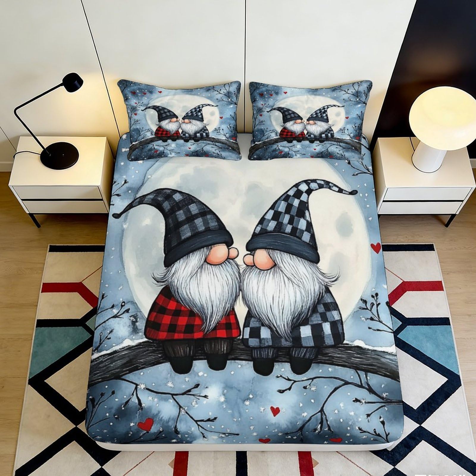 3D Printed Gnome Couple Fitted Sheet Microfiber Soft Breathable Winter Scene Bed Cover for Bedroom Dormitory Guest Room Mattress Protection Decor 120x200x25cm