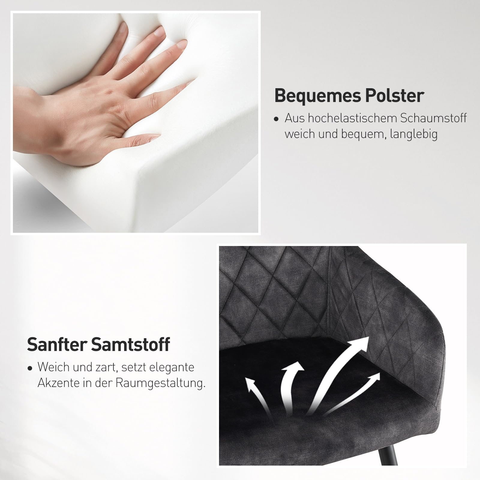 CLIPOP Esszimmerstühle 2er Set, Küchenstühle Grau Samtstoff Wohnzimmerstühle Polsterstühle mit Armlehne Metallbeine Polstersessel Stühle für Esszimmer Wohnzimmer Küche (2, Samt Kohlenstoffgrau)