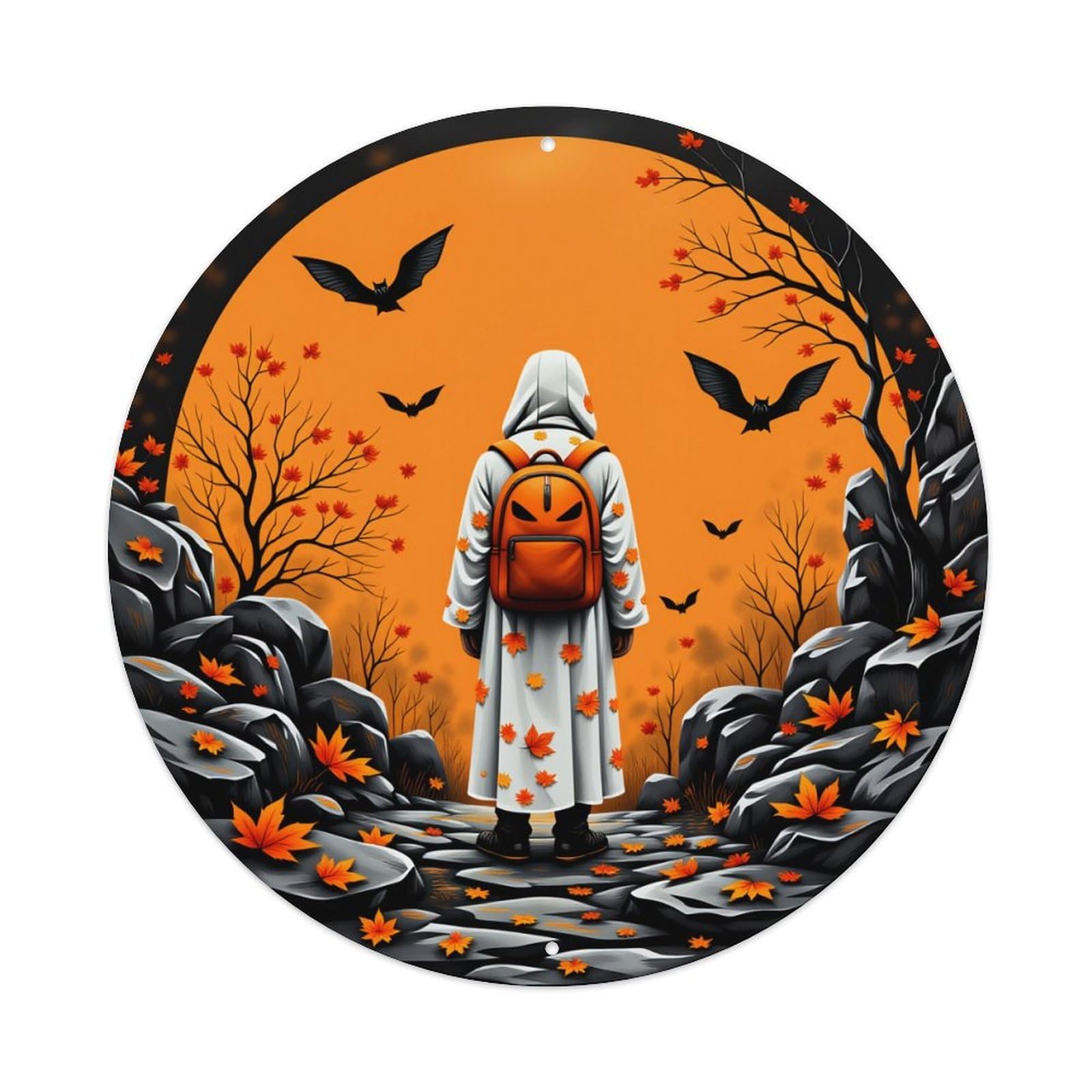 Autumn Leaves Bats Rocks Hooded Figure Vintage Metal Tin Sign Retro Wall Decor for Home Bar Garage Cafe, Indoor & Outdoor Decorative，circle Metal Poster, 8x8 Inch