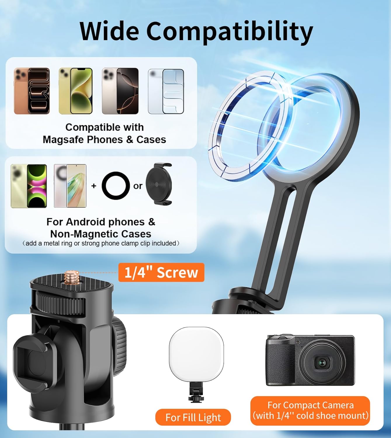 69" Magnetic Phone Tripod with Phone Clamp,Selfie Stick Monopod for Magsafe with Remote & Phone Mount Adapter,Portable Tripod for iPhone/Android,Digital Camera Accessory Kits,Photo,Vlogging,Travel