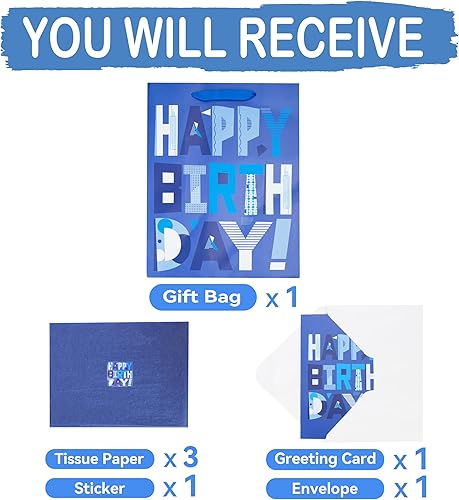 Miniatura 4 de Juego de bolsas de regalo azules grandes de 13 pulgadas con tarjeta de felicitación y papeles de seda (feliz cumpleaños azul) para fiestas de