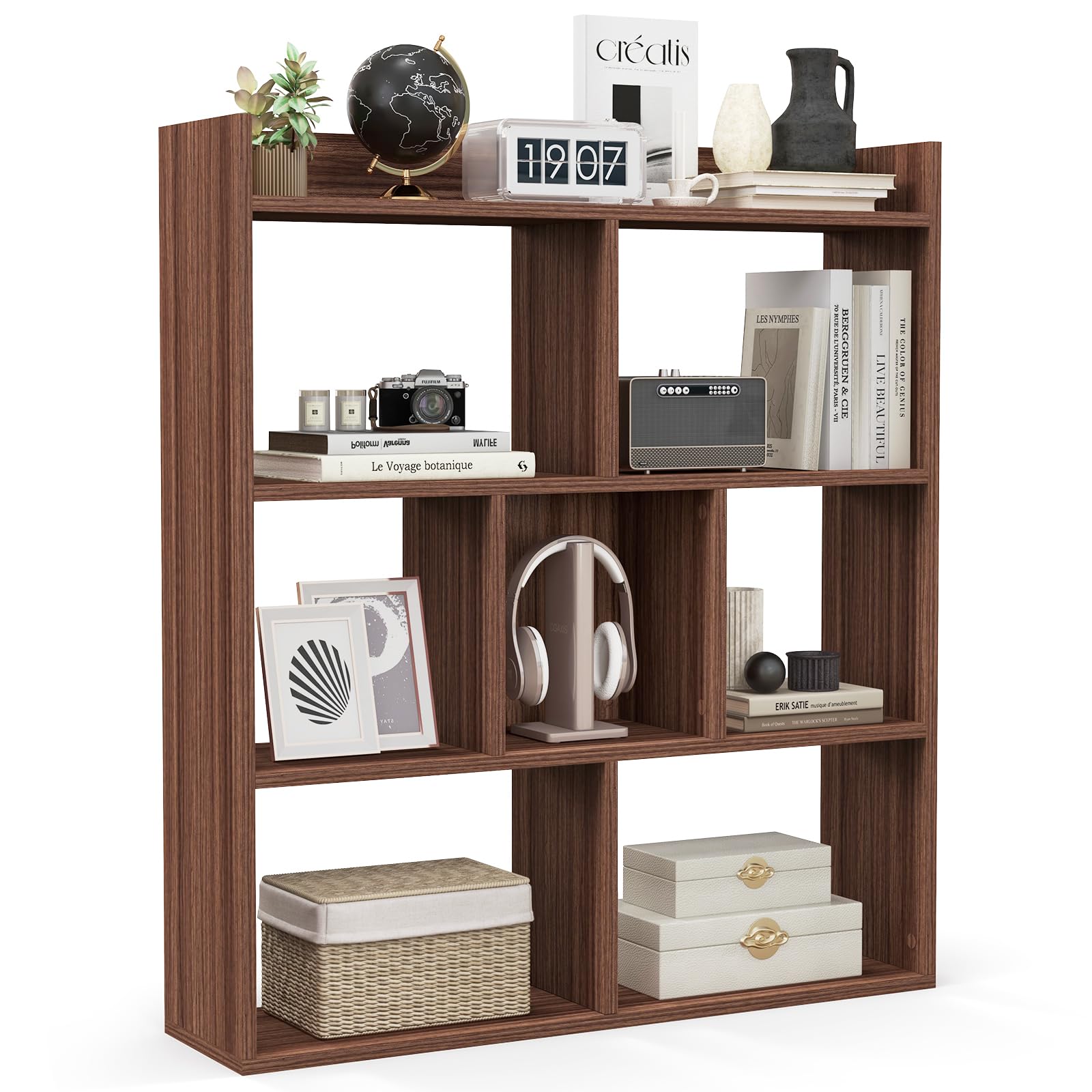 CASART 7-Cube Bookshelf, Wooden Freestanding Bookcase with Anti-Toppling Devices, Modern Display Shelf Open Shelving Unit for Living Room Bedroom Office (Walnut)