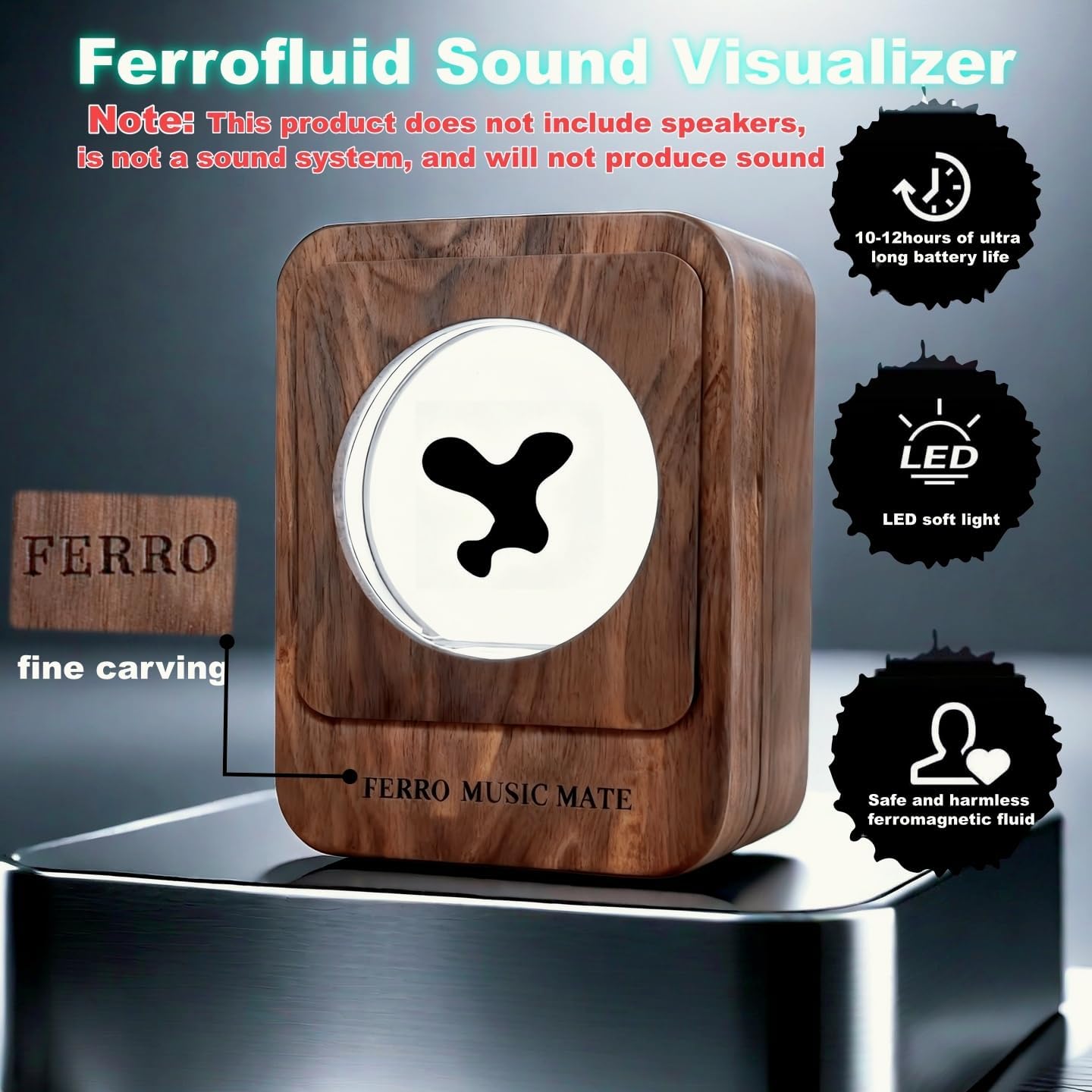Ferrofluid Sound Visualizer,Ferrofluid Speaker Music Mate,Walnut Wood,ferromagnetic,symbiosis in a Bottle,Magnetic Fluid Toys,Desktop Decorations, Gifts.（unvoiced）